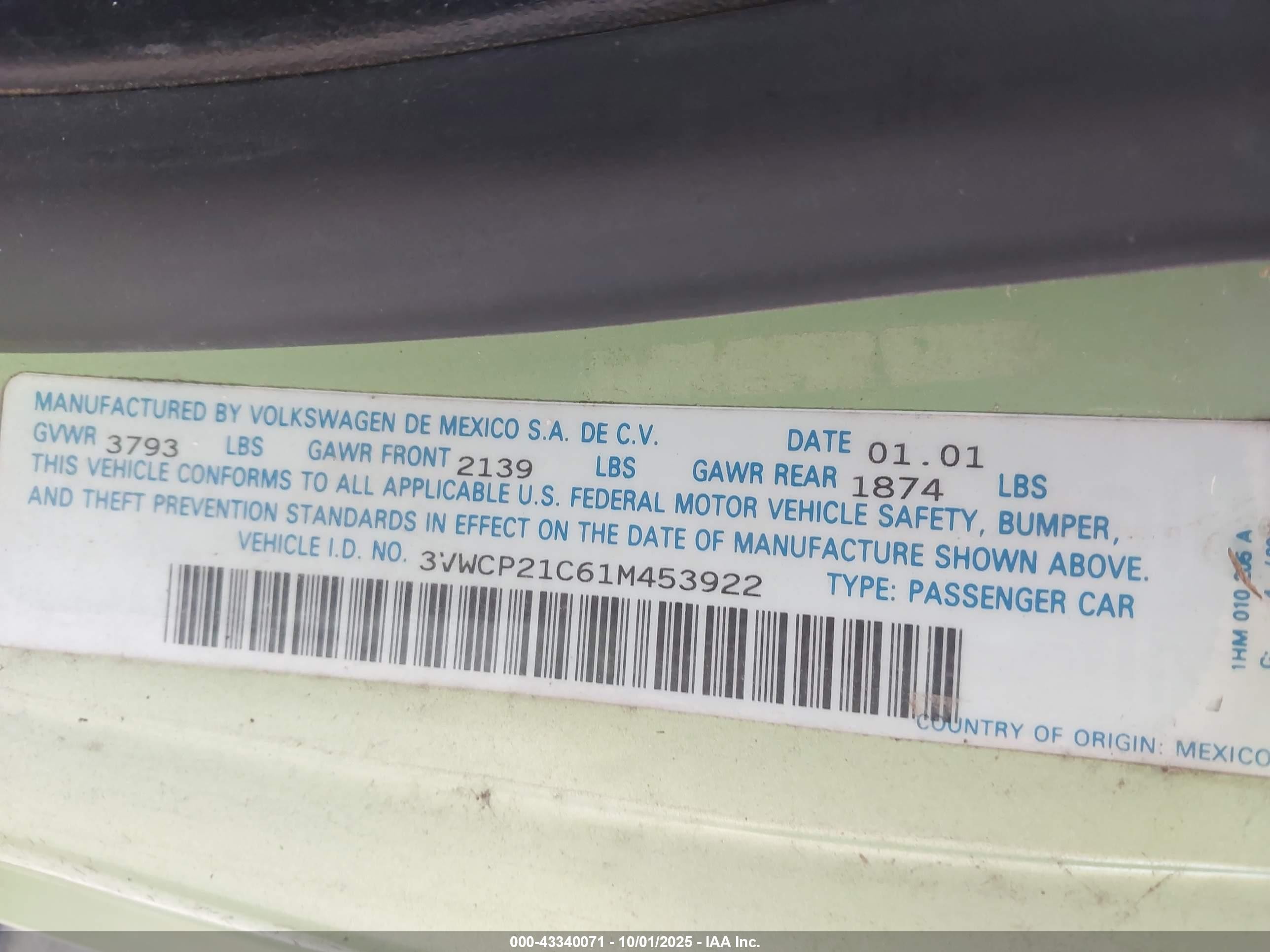 2001 Volkswagen New Beetle Gls Tdi Зеленый vin: 3VWCP21C61M453922
