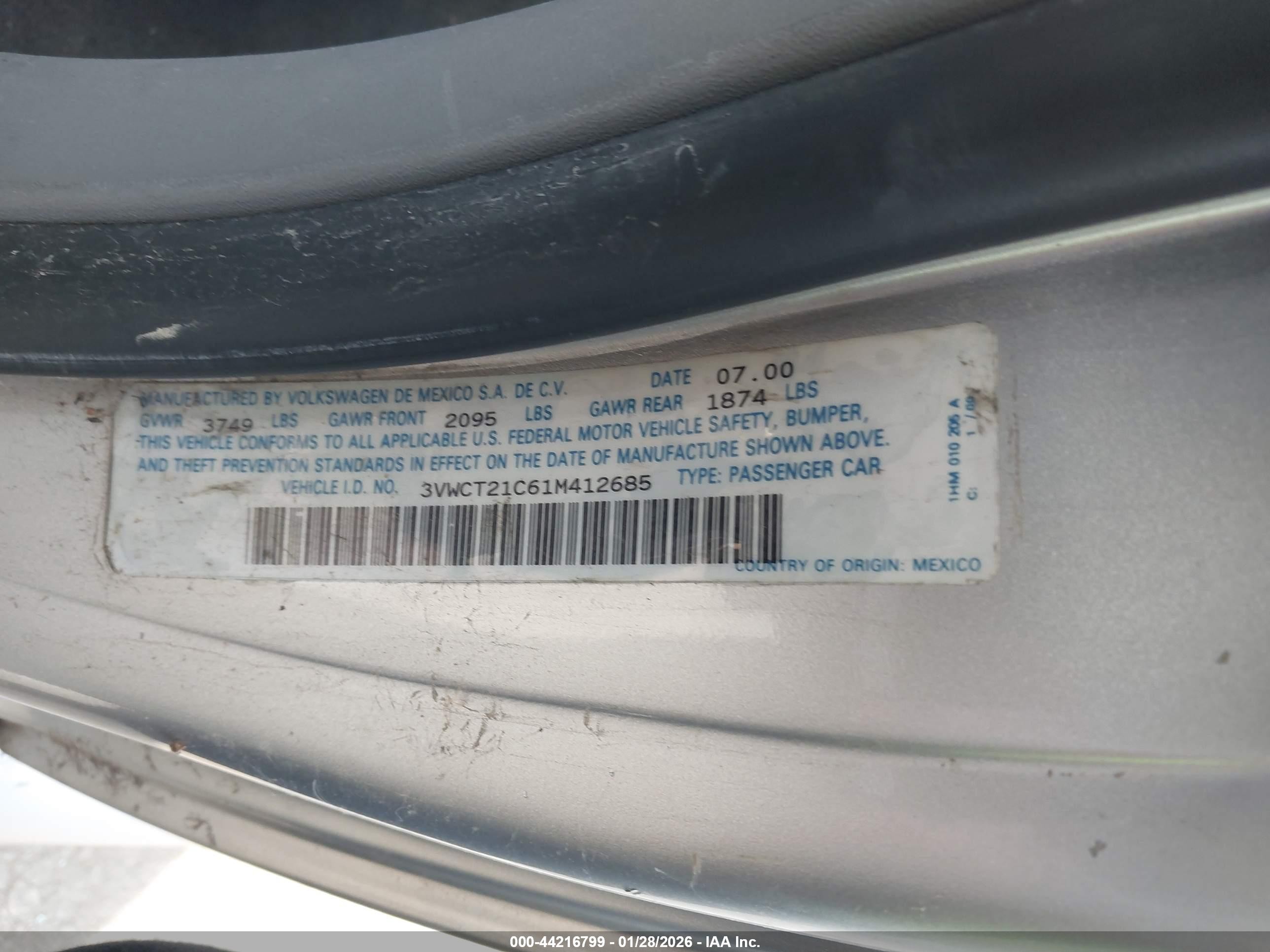 2001 Volkswagen New Beetle Gls Silver vin: 3VWCT21C61M412685
