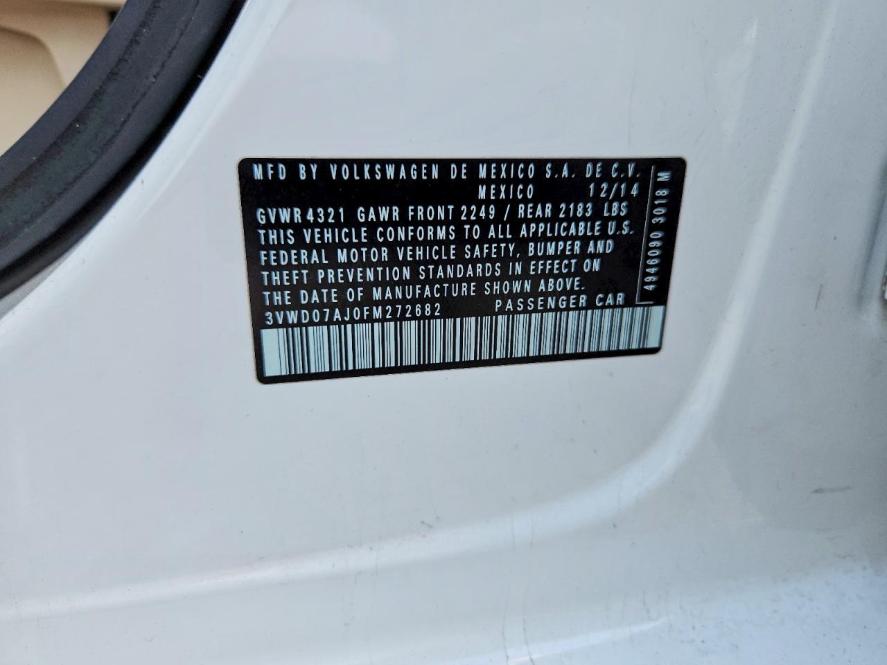 2015 Volkswagen Jetta Se White vin: 3VWD07AJ0FM272682