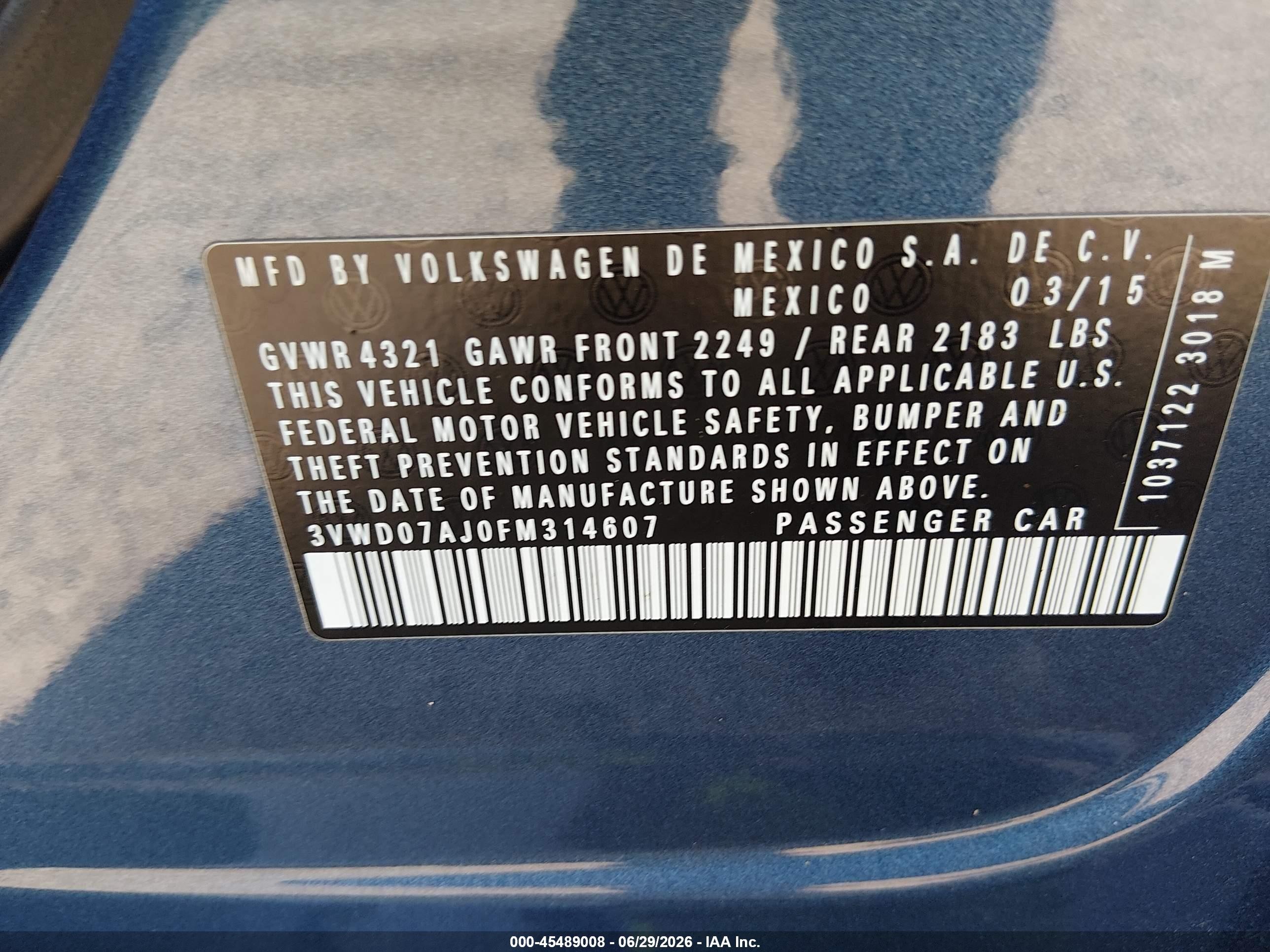 2015 Volkswagen Jetta 1.8t Se Blue vin: 3VWD07AJ0FM314607