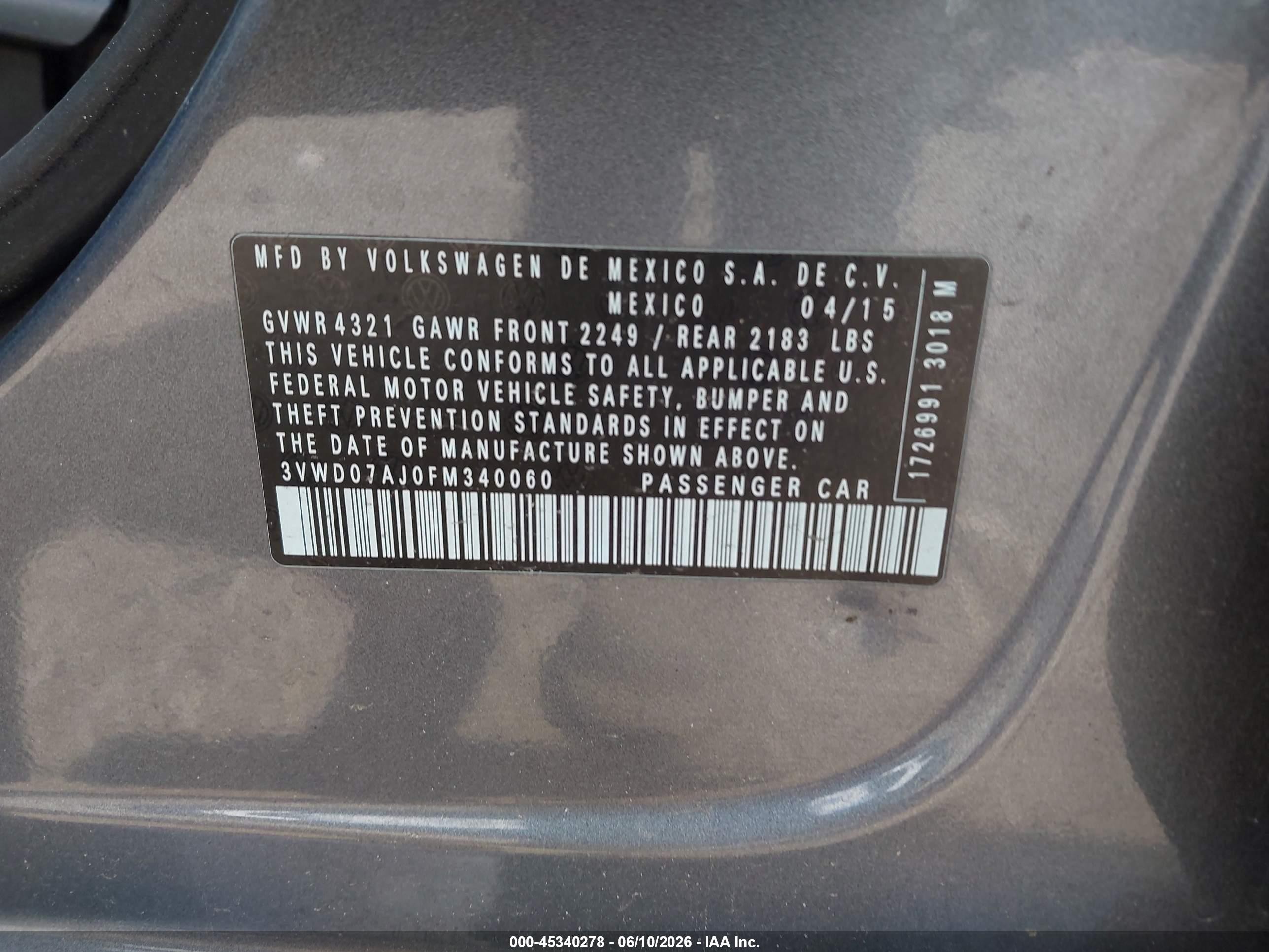 2015 Volkswagen Jetta 1.8t Se Gray vin: 3VWD07AJ0FM340060