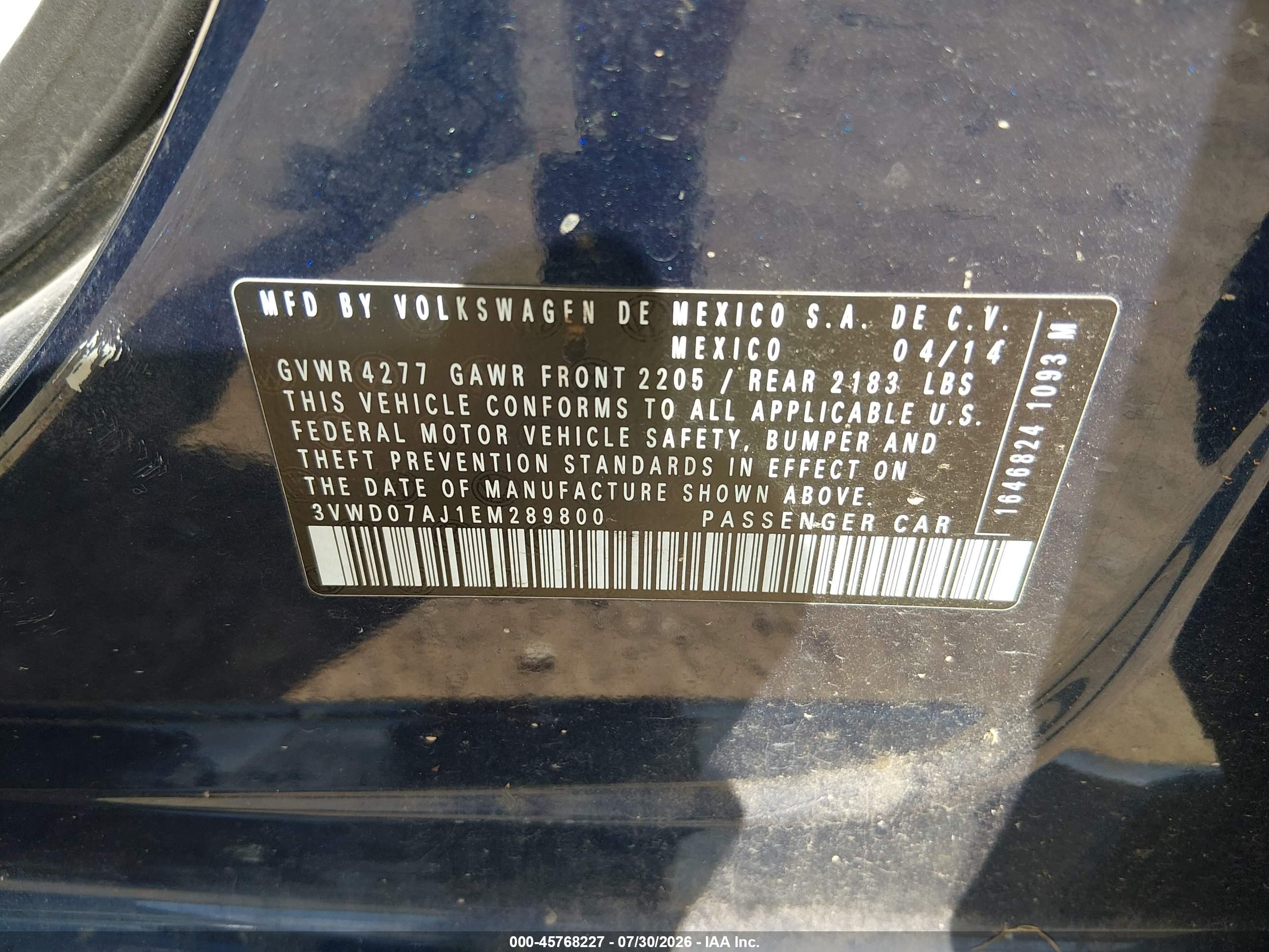 2014 Volkswagen Jetta 1.8t Se Blue vin: 3VWD07AJ1EM289800