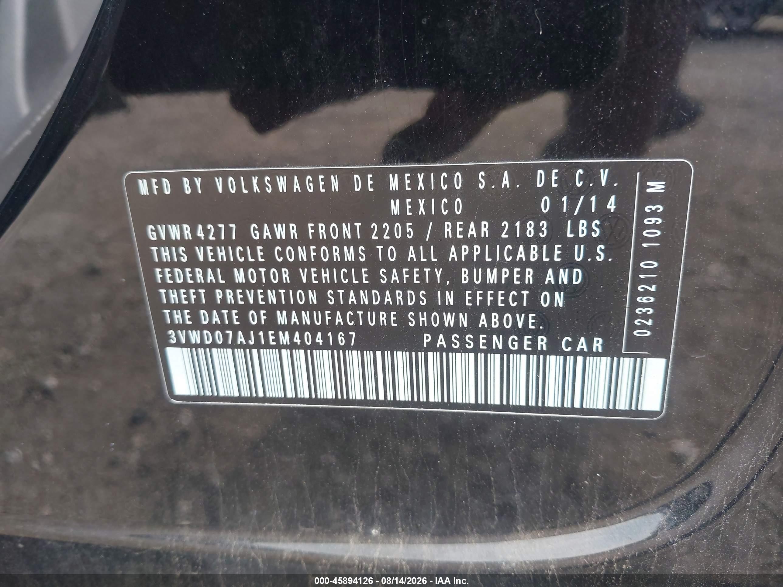 2014 Volkswagen Jetta 1.8t Se Black vin: 3VWD07AJ1EM404167