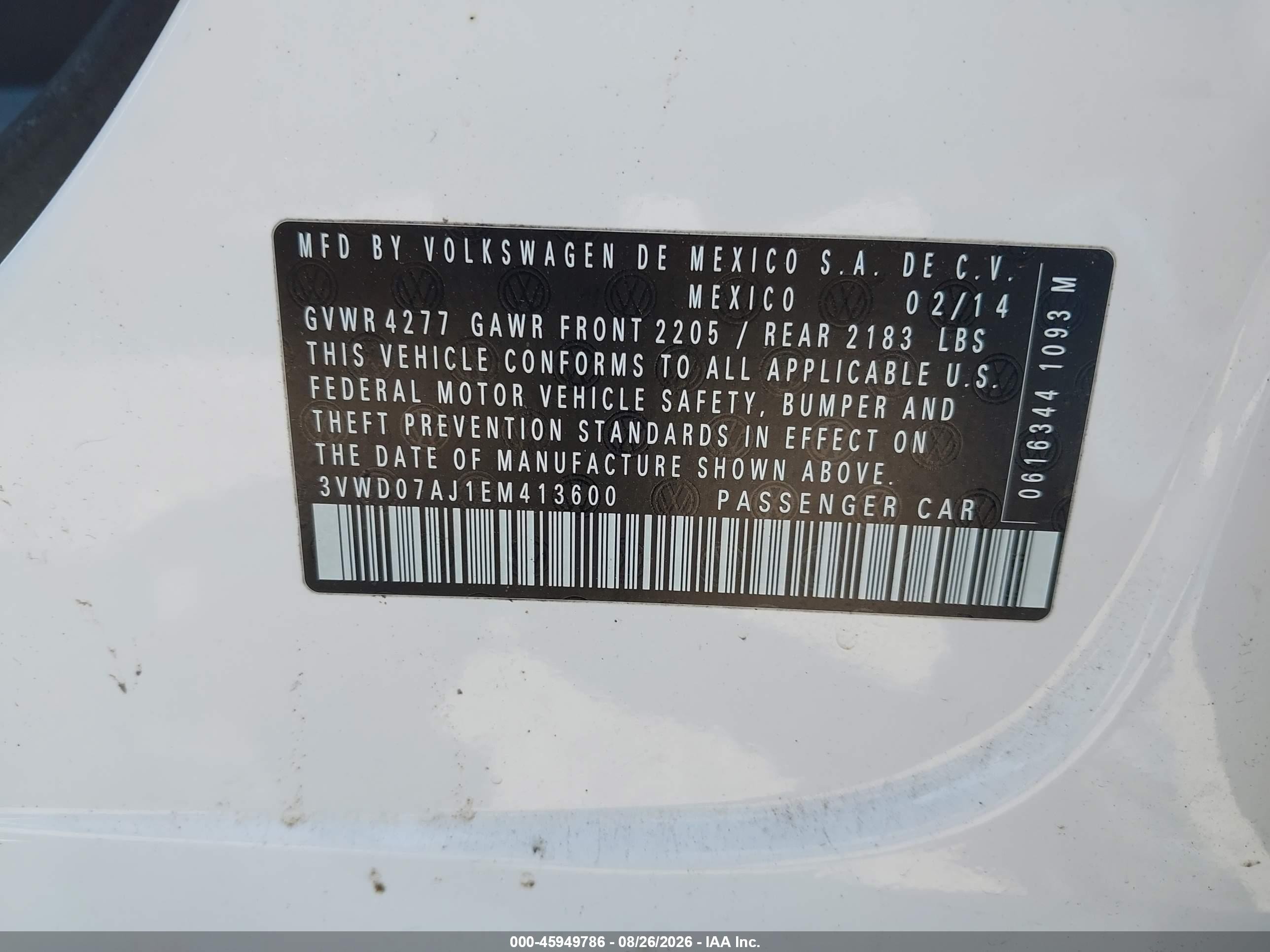 2014 Volkswagen Jetta 1.8t Se White vin: 3VWD07AJ1EM413600