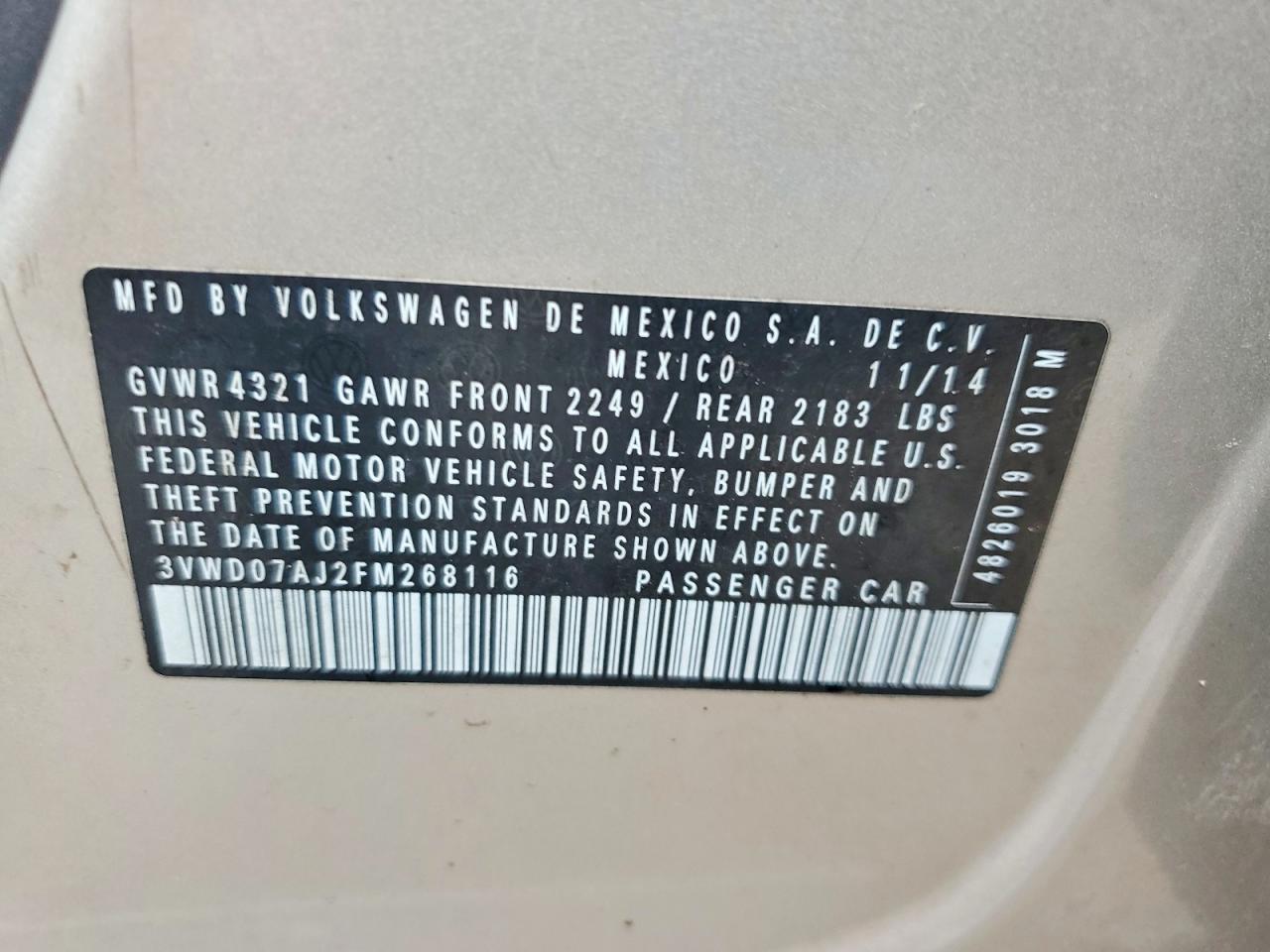 2015 Volkswagen Jetta Se Gold vin: 3VWD07AJ2FM268116