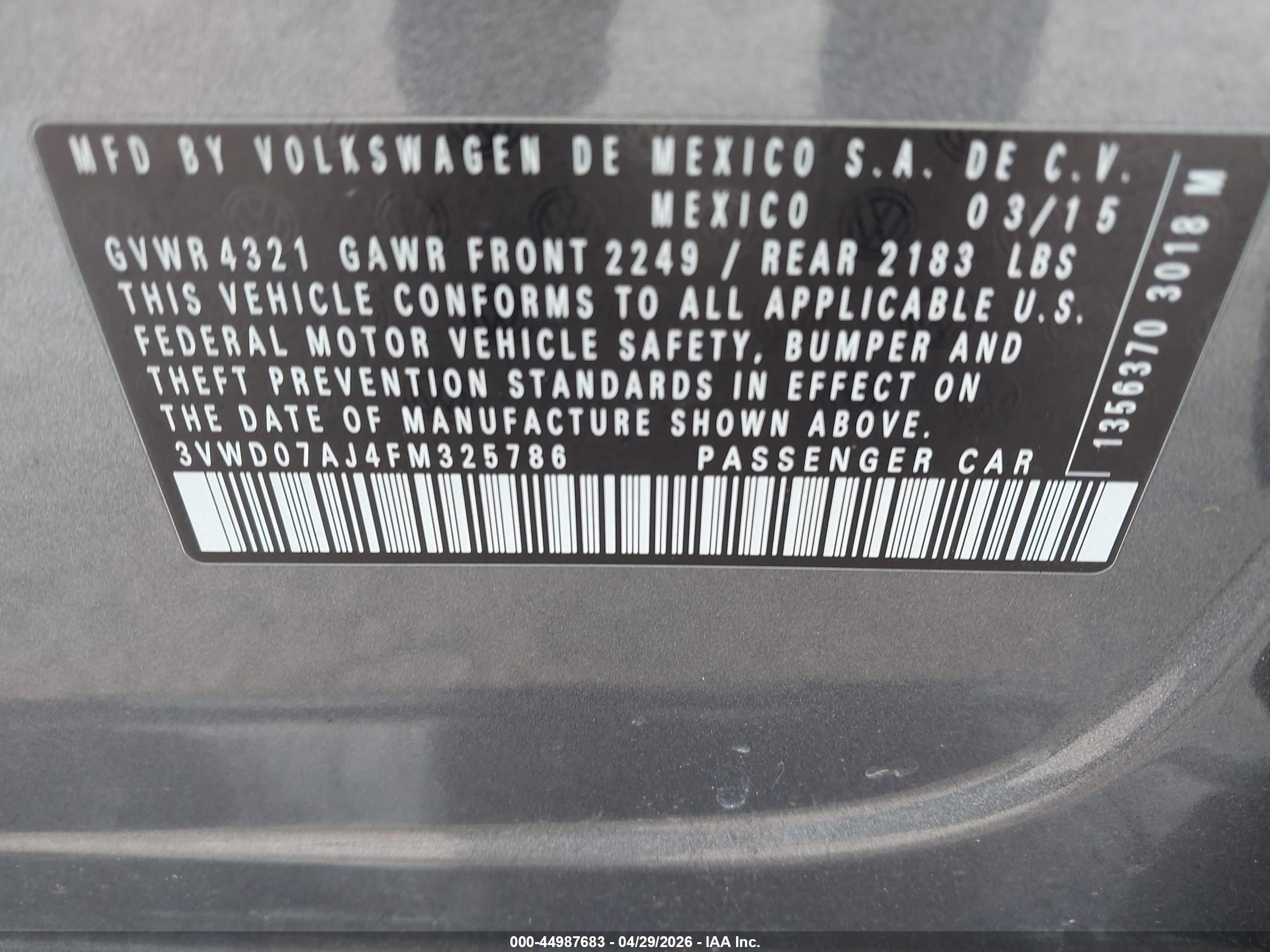 2015 Volkswagen Jetta 1.8t Se Gray vin: 3VWD07AJ4FM325786