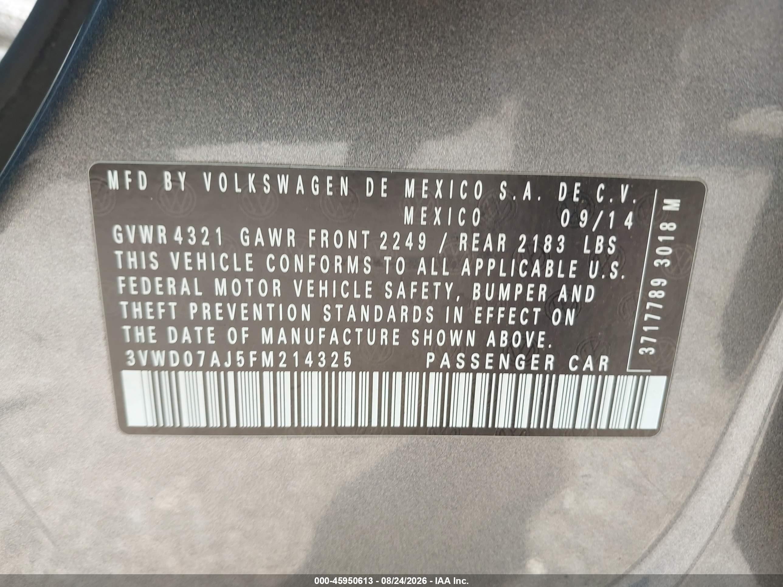 2015 Volkswagen Jetta 1.8t Se Gray vin: 3VWD07AJ5FM214325