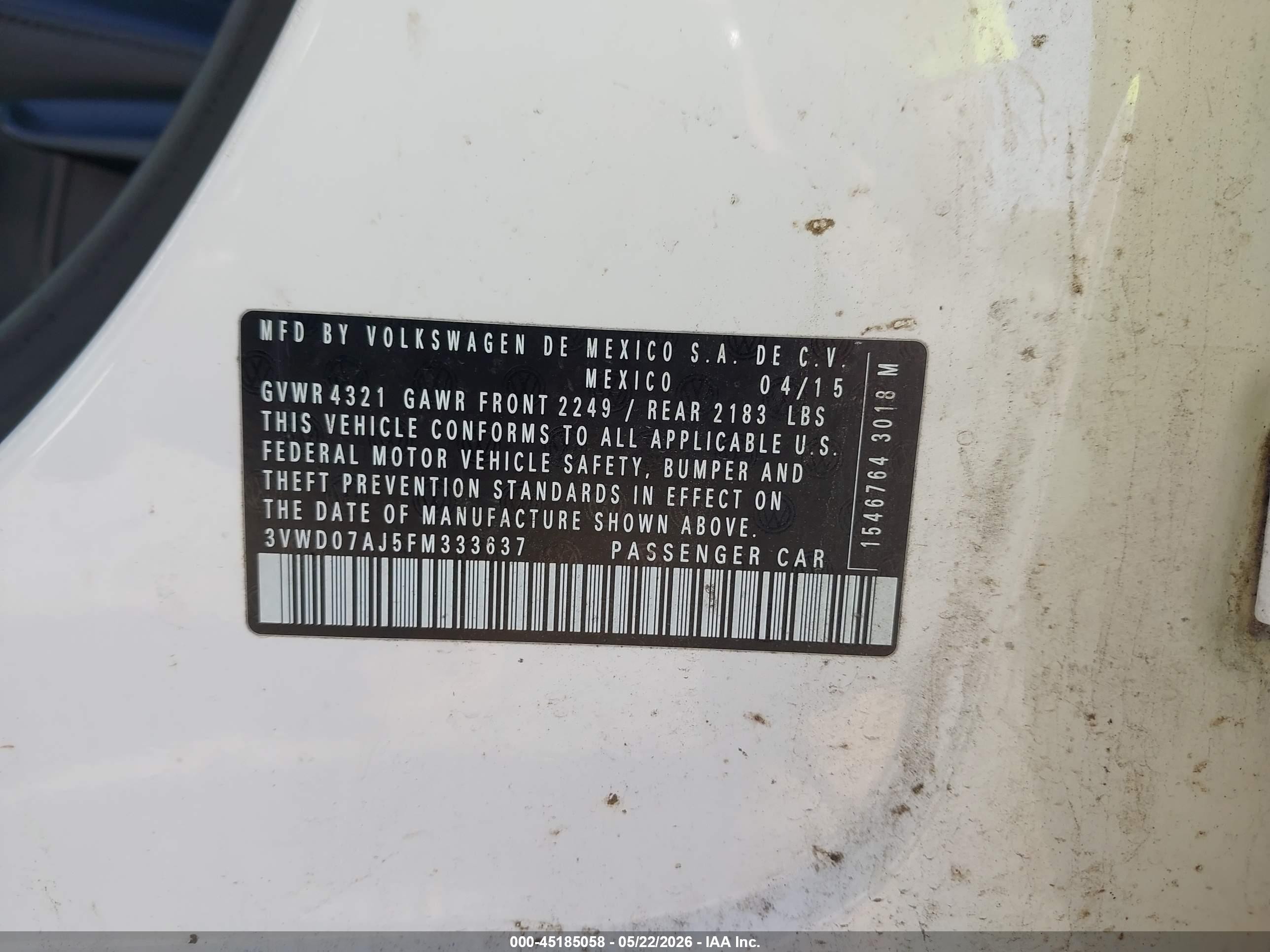 2015 Volkswagen Jetta 1.8t Se White vin: 3VWD07AJ5FM333637