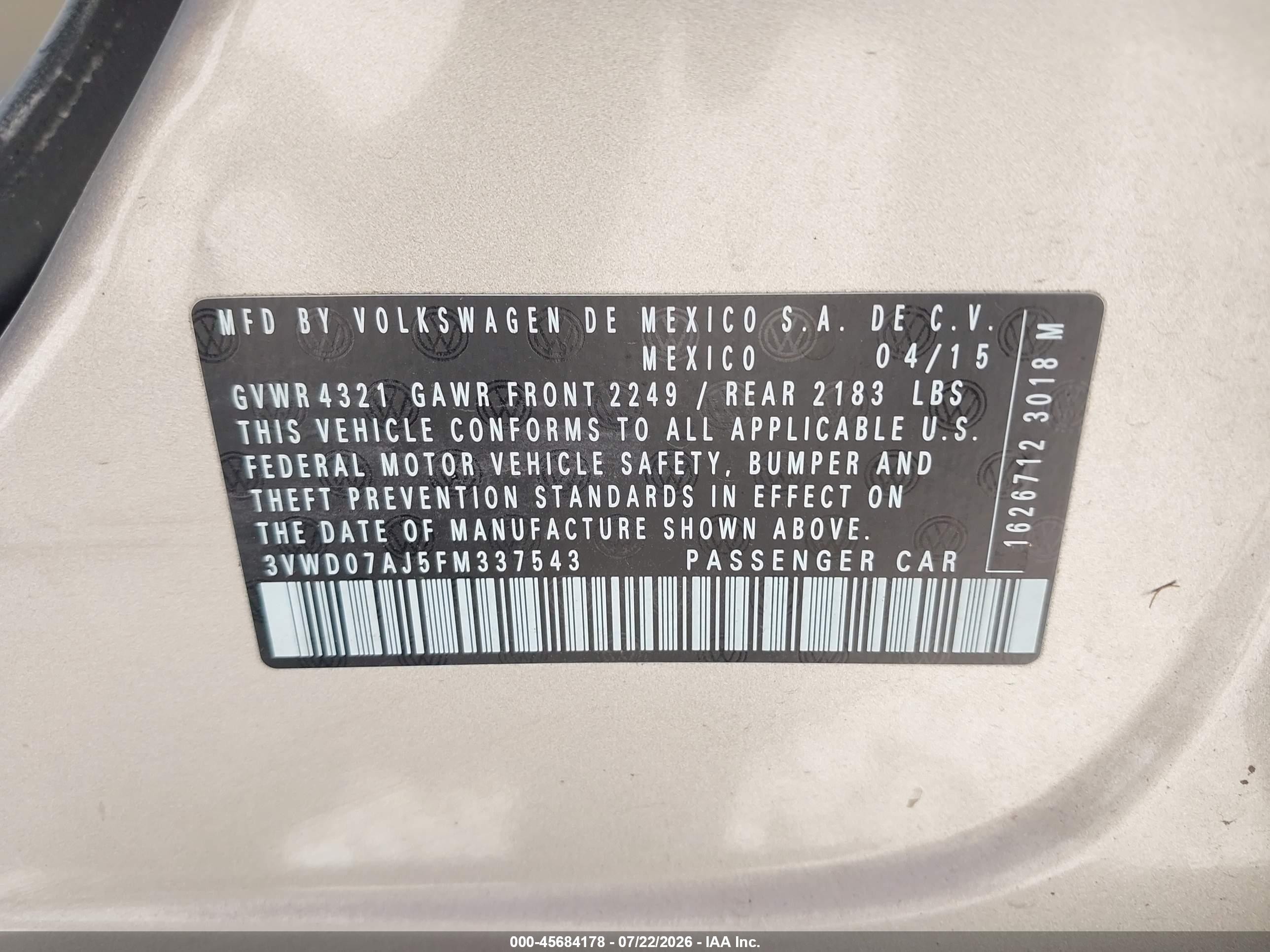 2015 Volkswagen Jetta 1.8t Se Tan vin: 3VWD07AJ5FM337543