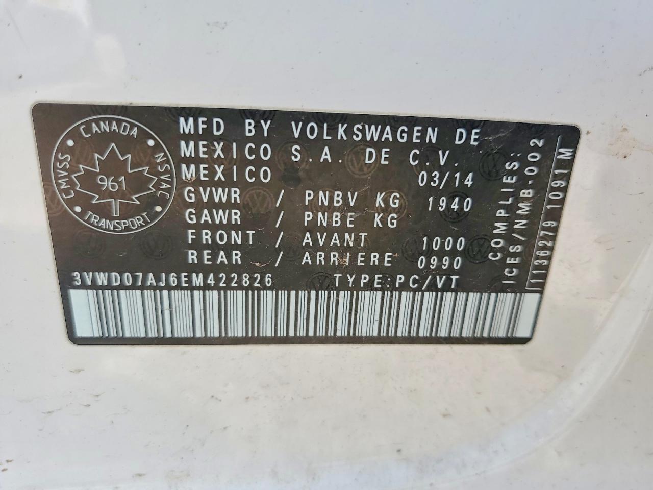 2014 Volkswagen Jetta Se White vin: 3VWD07AJ6EM422826