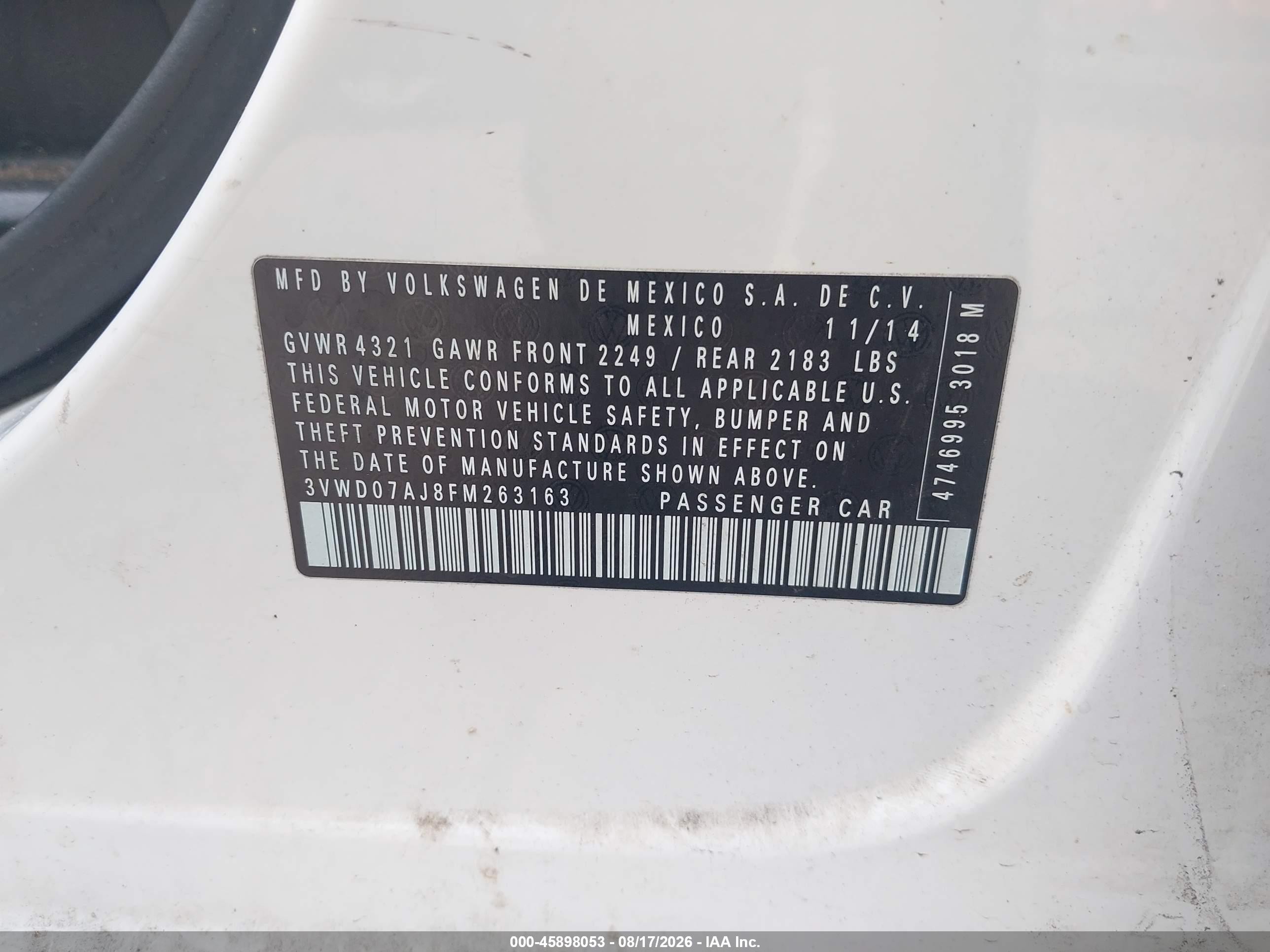 2015 Volkswagen Jetta 1.8t Se Белый vin: 3VWD07AJ8FM263163
