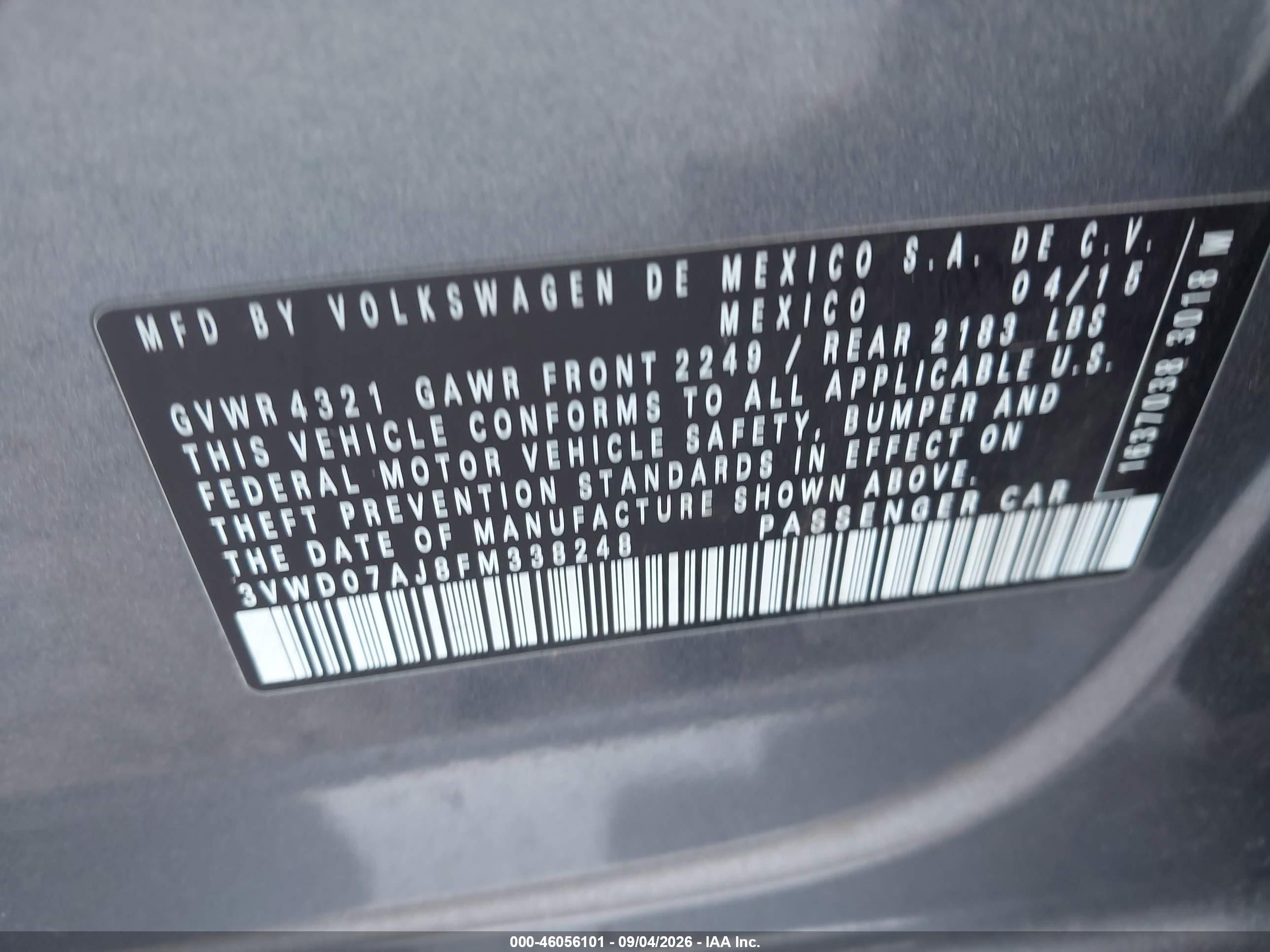2015 Volkswagen Jetta 1.8t Se Gray vin: 3VWD07AJ8FM338248