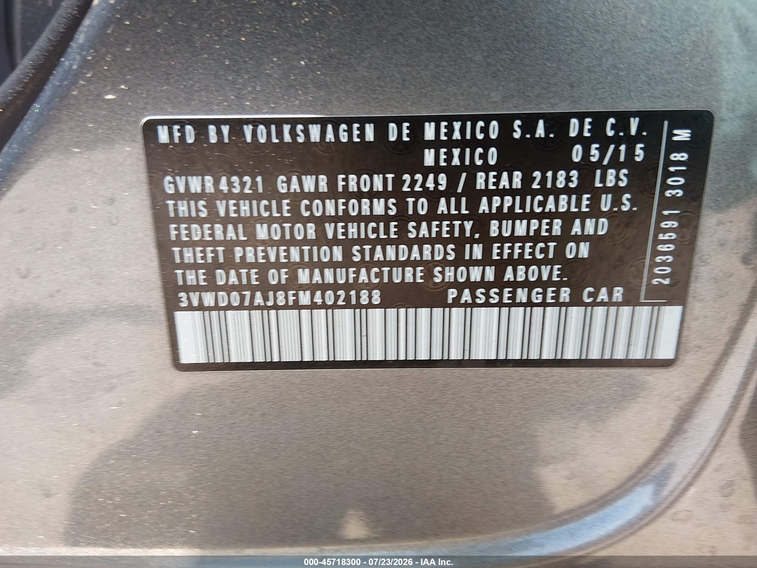2015 Volkswagen Jetta 1.8t Se Gray vin: 3VWD07AJ8FM402188