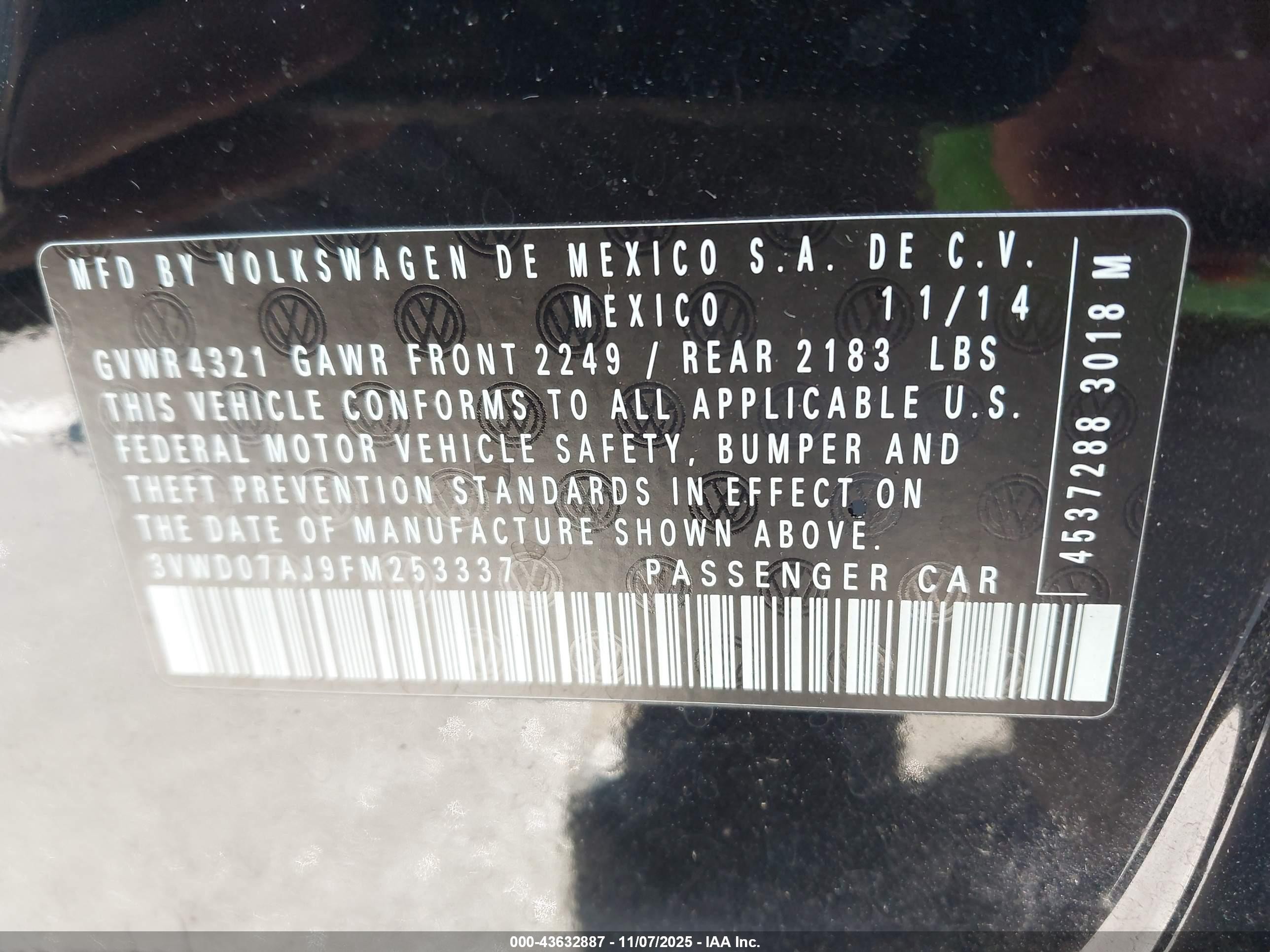 2015 Volkswagen Jetta 1.8t Se Черный vin: 3VWD07AJ9FM253337