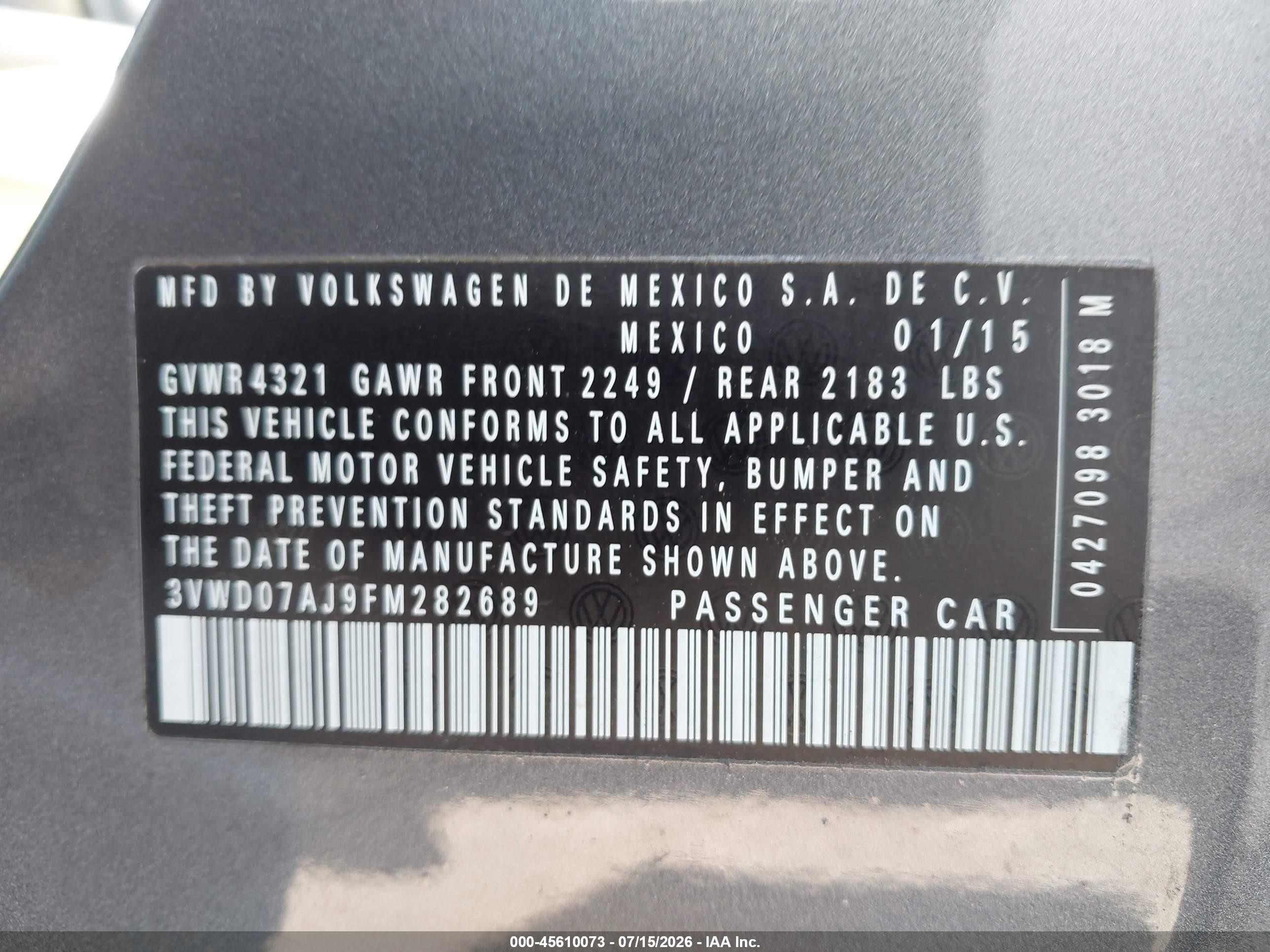 2015 Volkswagen Jetta 1.8t Se Gray vin: 3VWD07AJ9FM282689