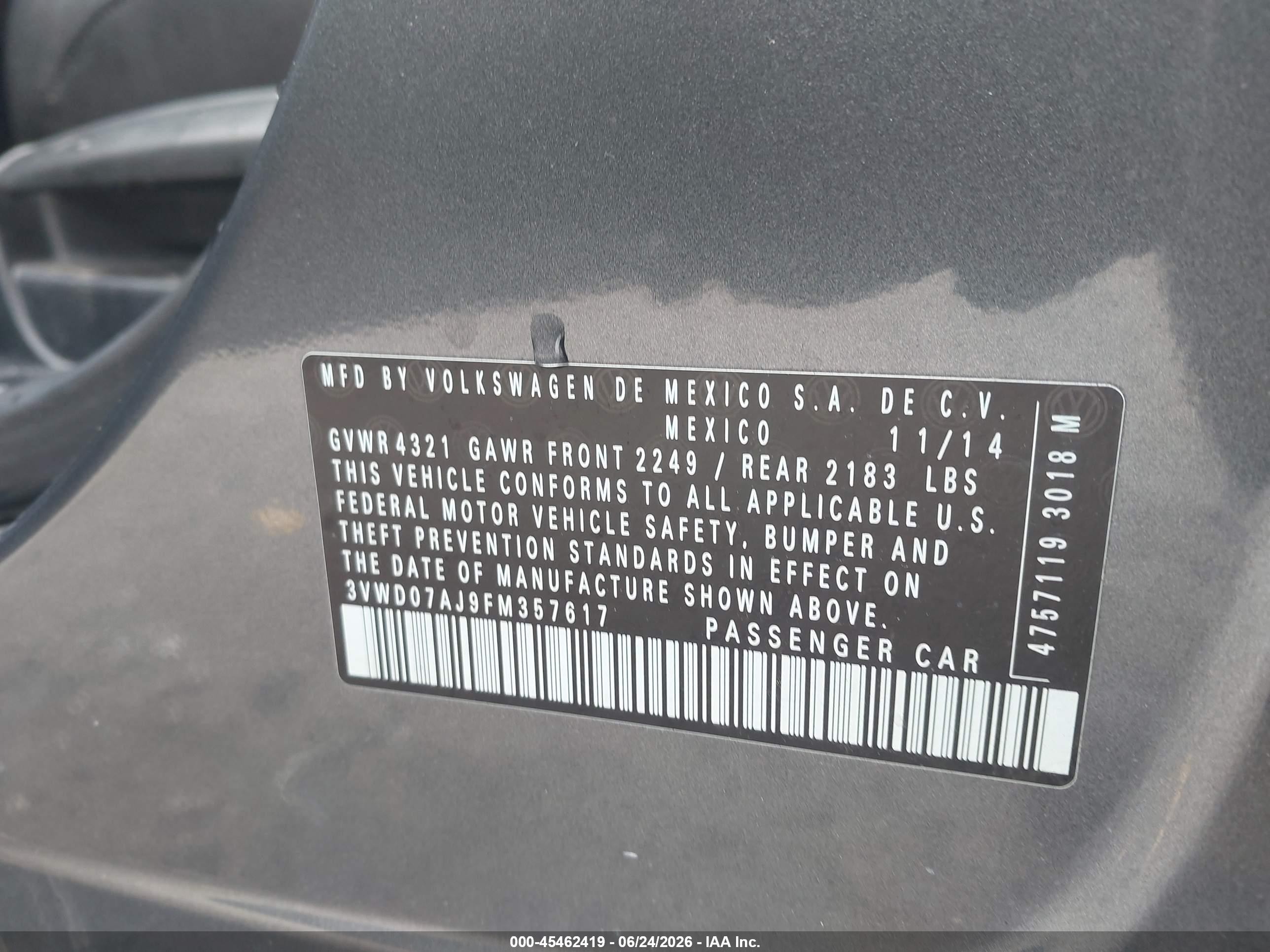 2015 Volkswagen Jetta 1.8t Se Gray vin: 3VWD07AJ9FM357617