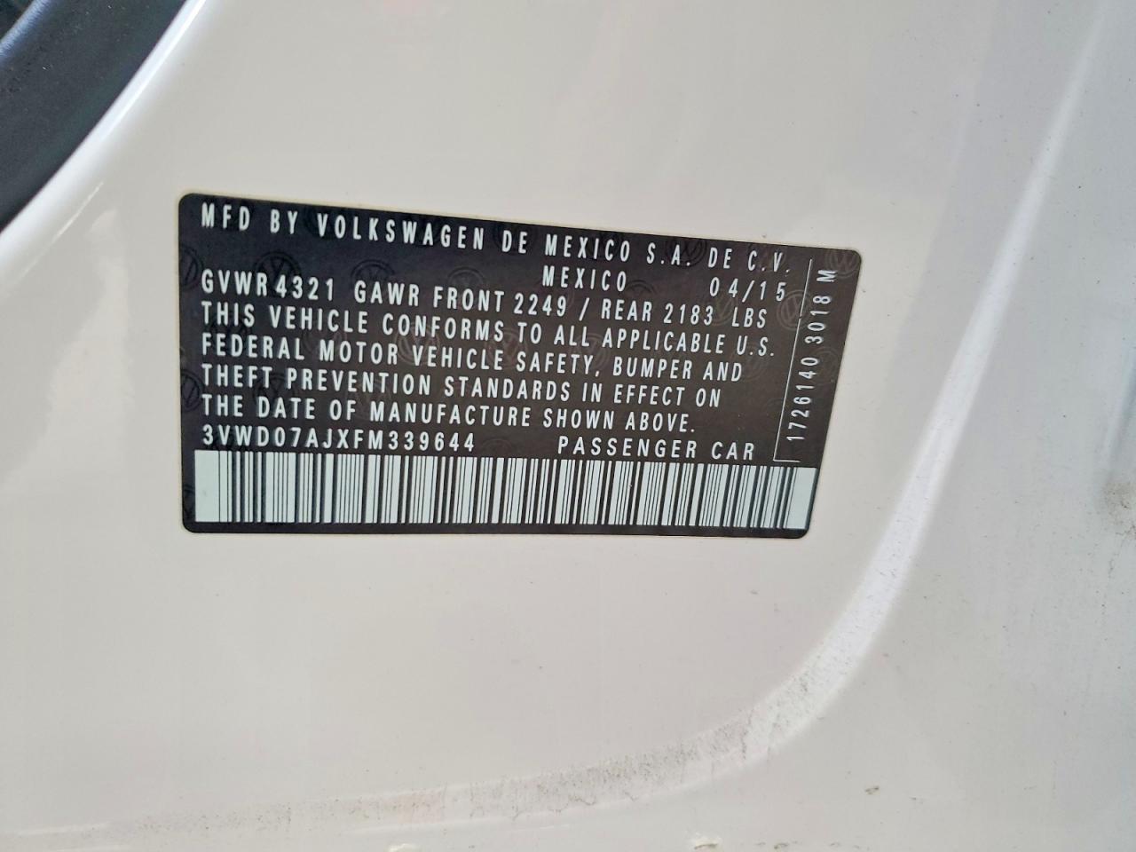 2015 Volkswagen Jetta Se White vin: 3VWD07AJXFM339644