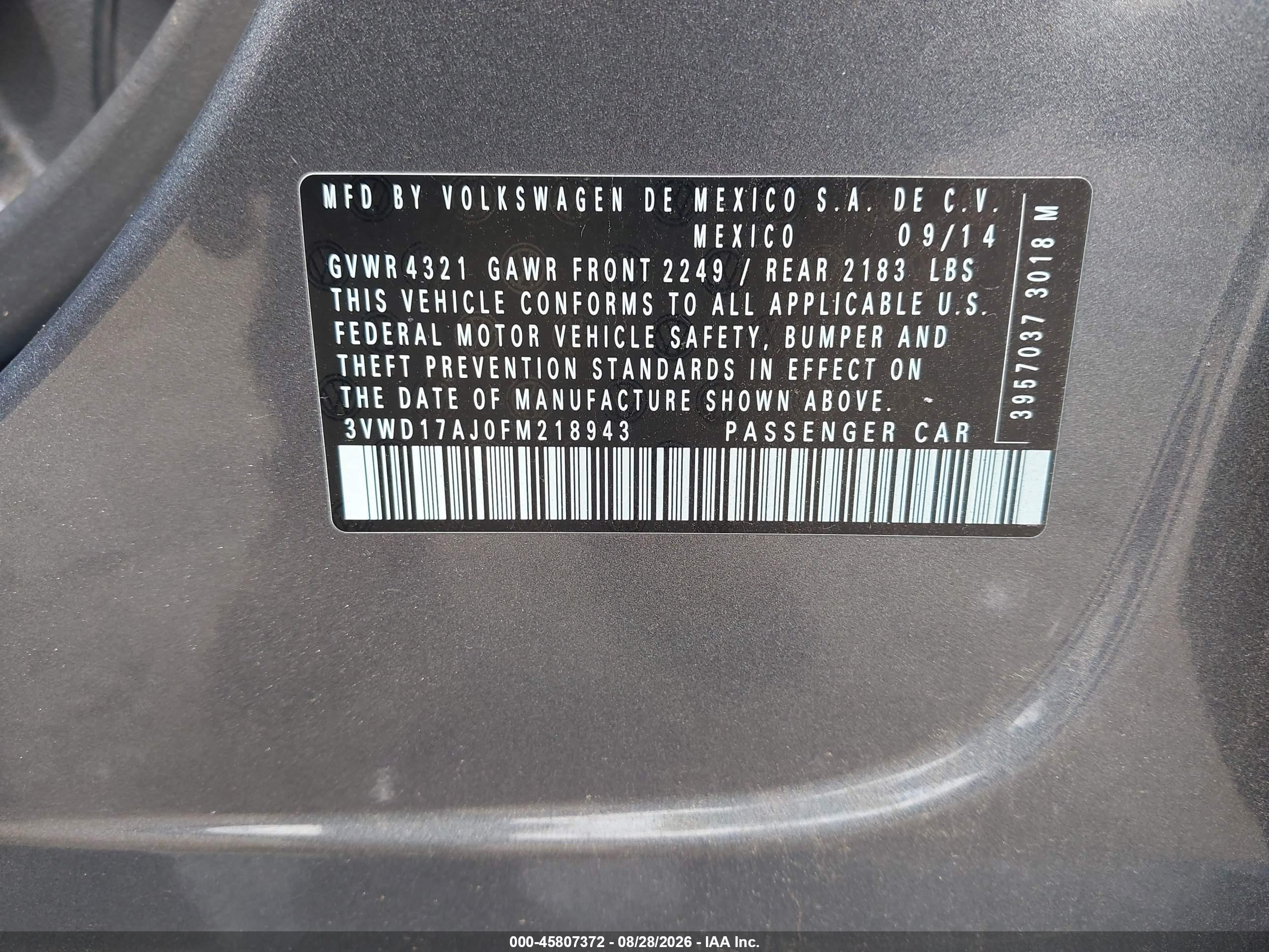 2015 Volkswagen Jetta 1.8t Se Gray vin: 3VWD17AJ0FM218943