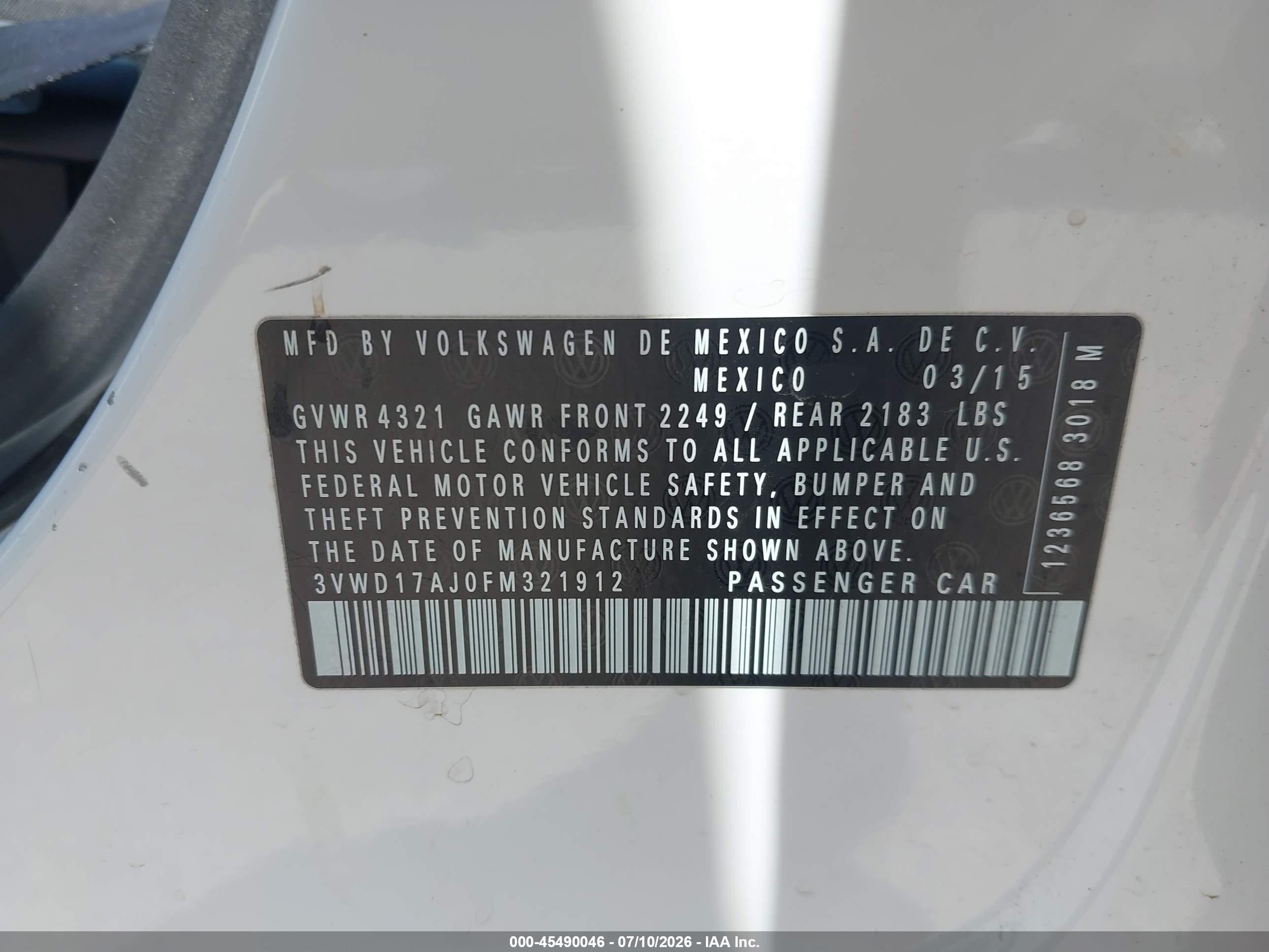 2015 Volkswagen Jetta 1.8t Se White vin: 3VWD17AJ0FM321912