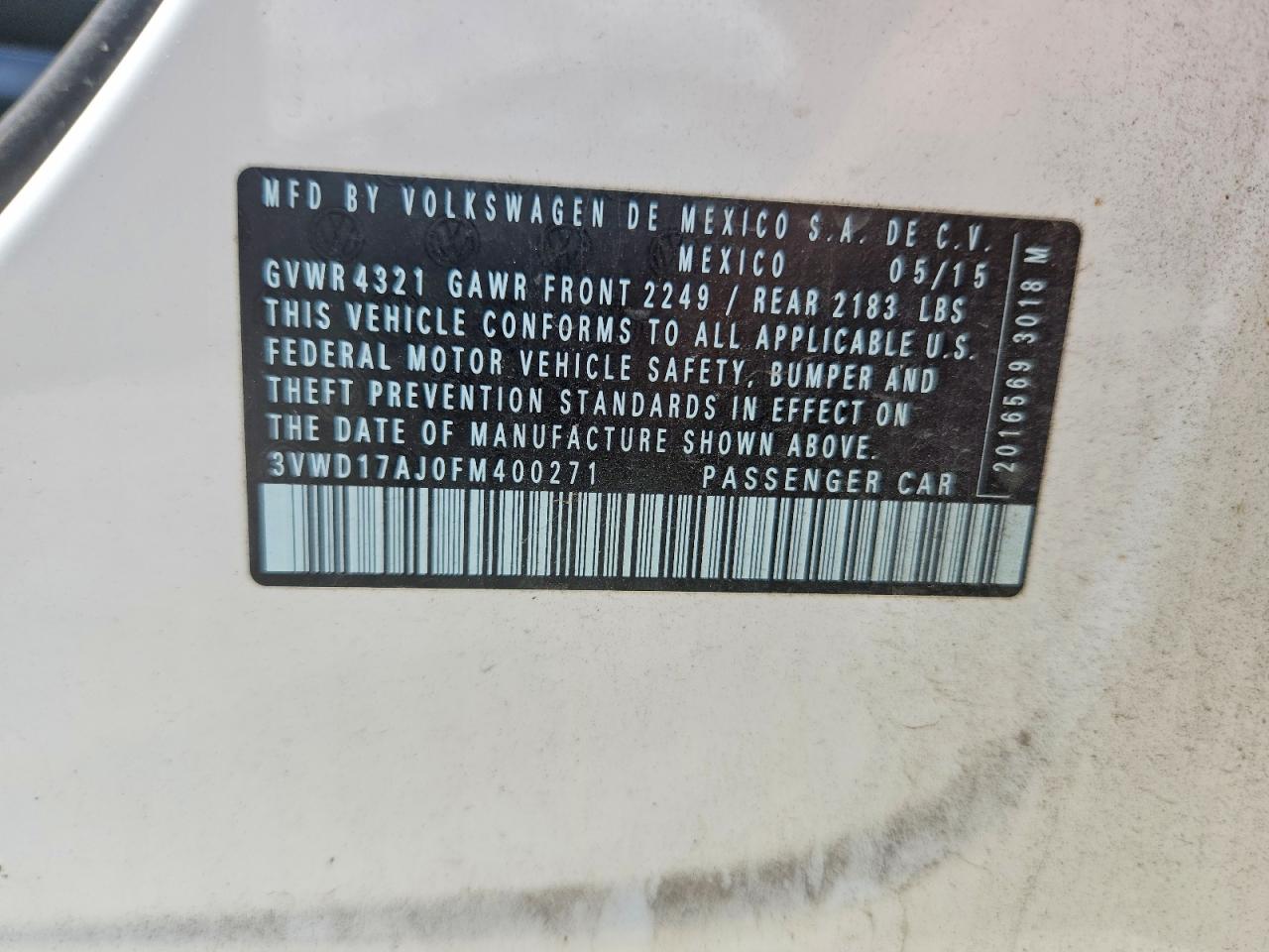 2015 Volkswagen Jetta Se White vin: 3VWD17AJ0FM400271
