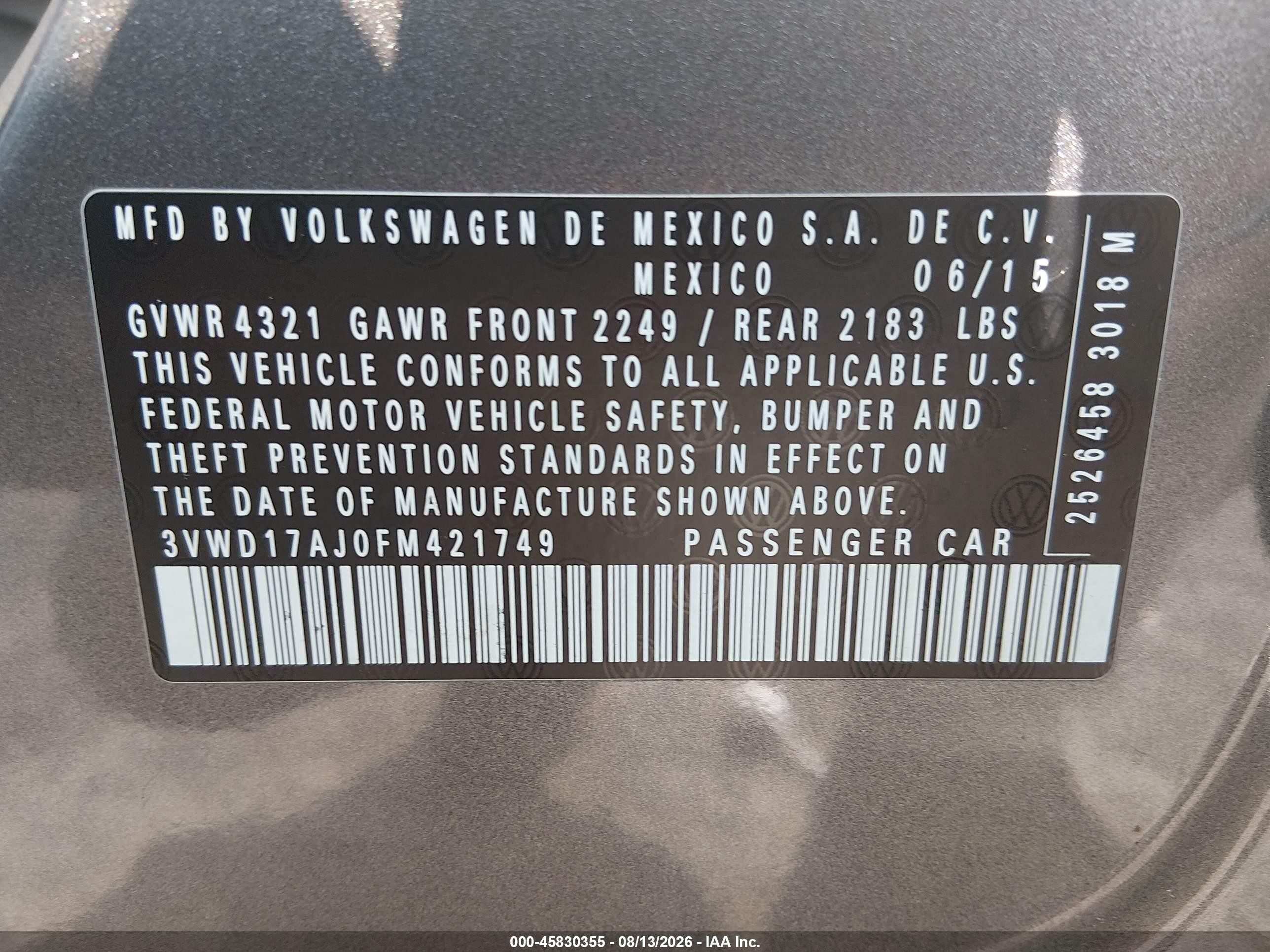 2015 Volkswagen Jetta 1.8t Se Gray vin: 3VWD17AJ0FM421749