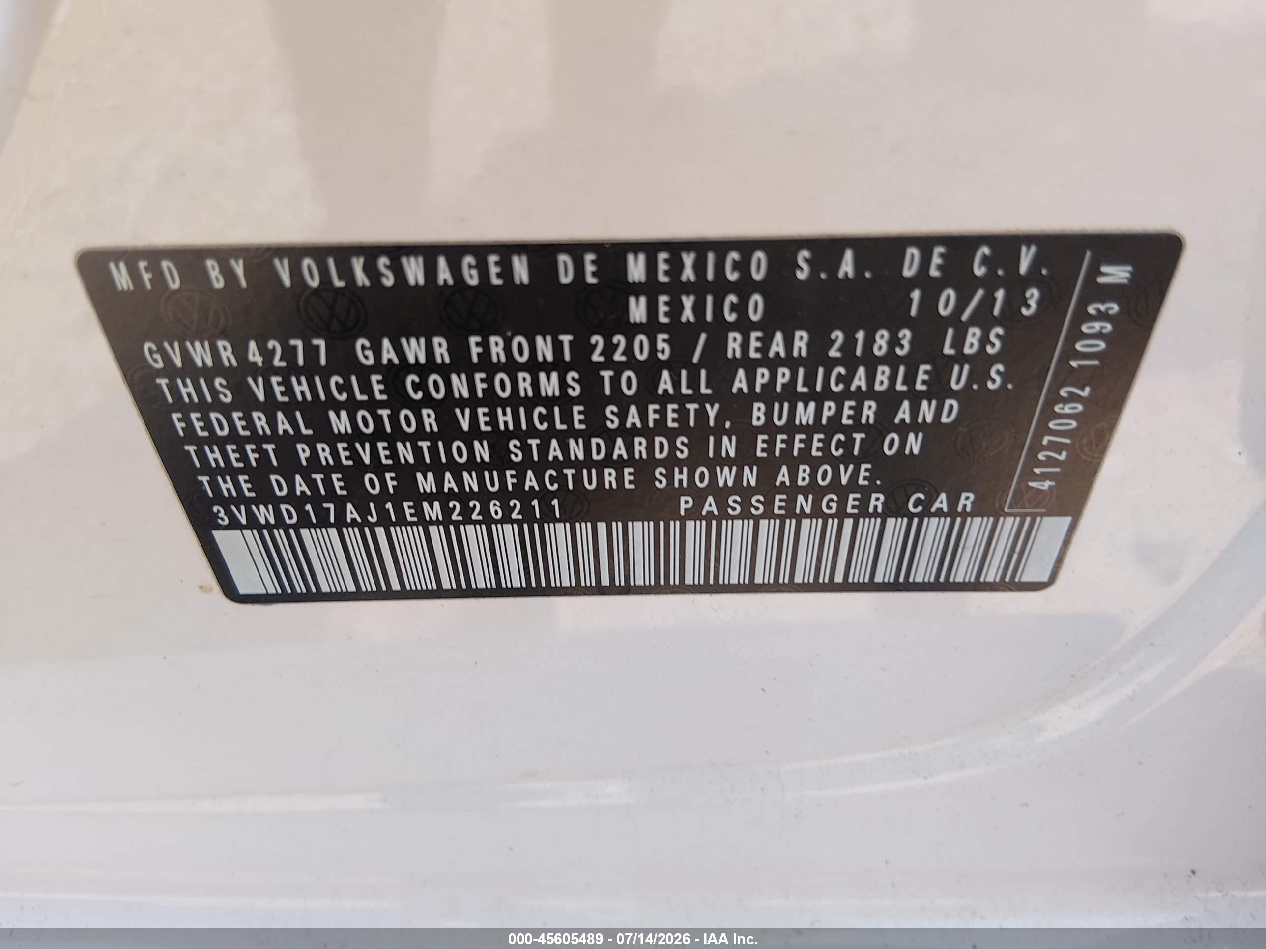 2014 Volkswagen Jetta 1.8t Se White vin: 3VWD17AJ1EM226211