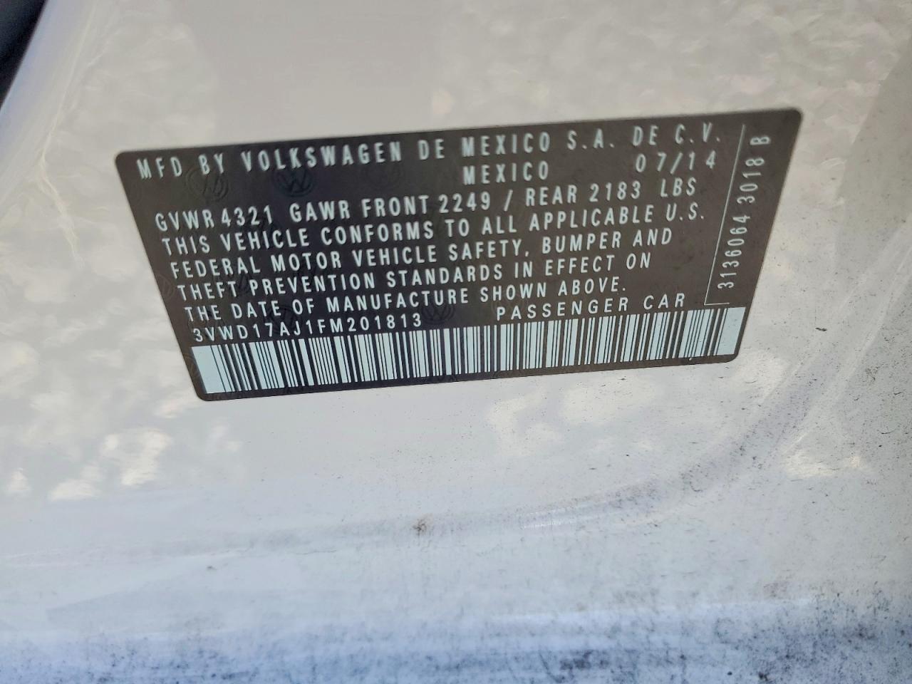 2015 Volkswagen Jetta Se White vin: 3VWD17AJ1FM201813