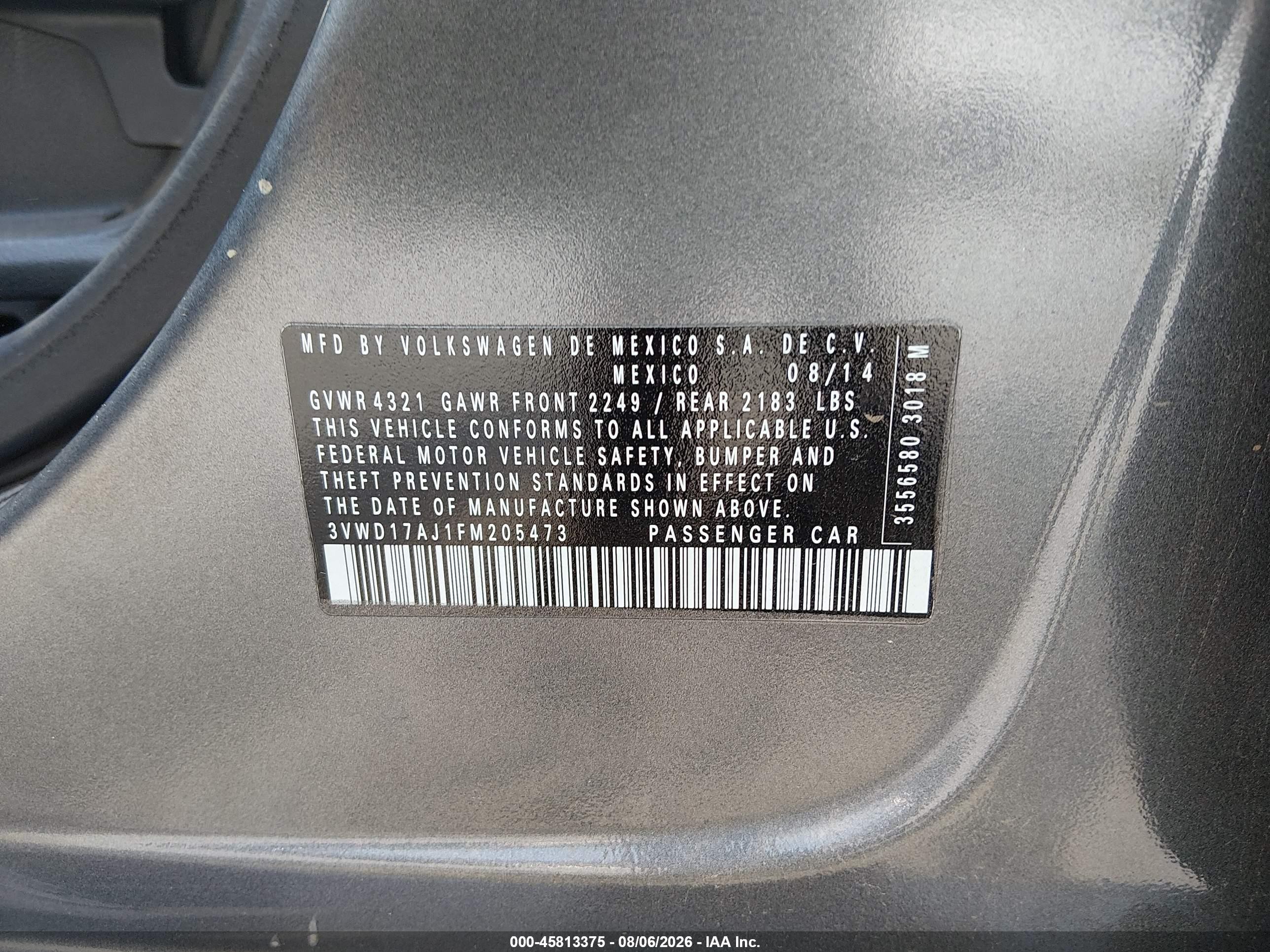 2015 Volkswagen Jetta 1.8t Se Gray vin: 3VWD17AJ1FM205473