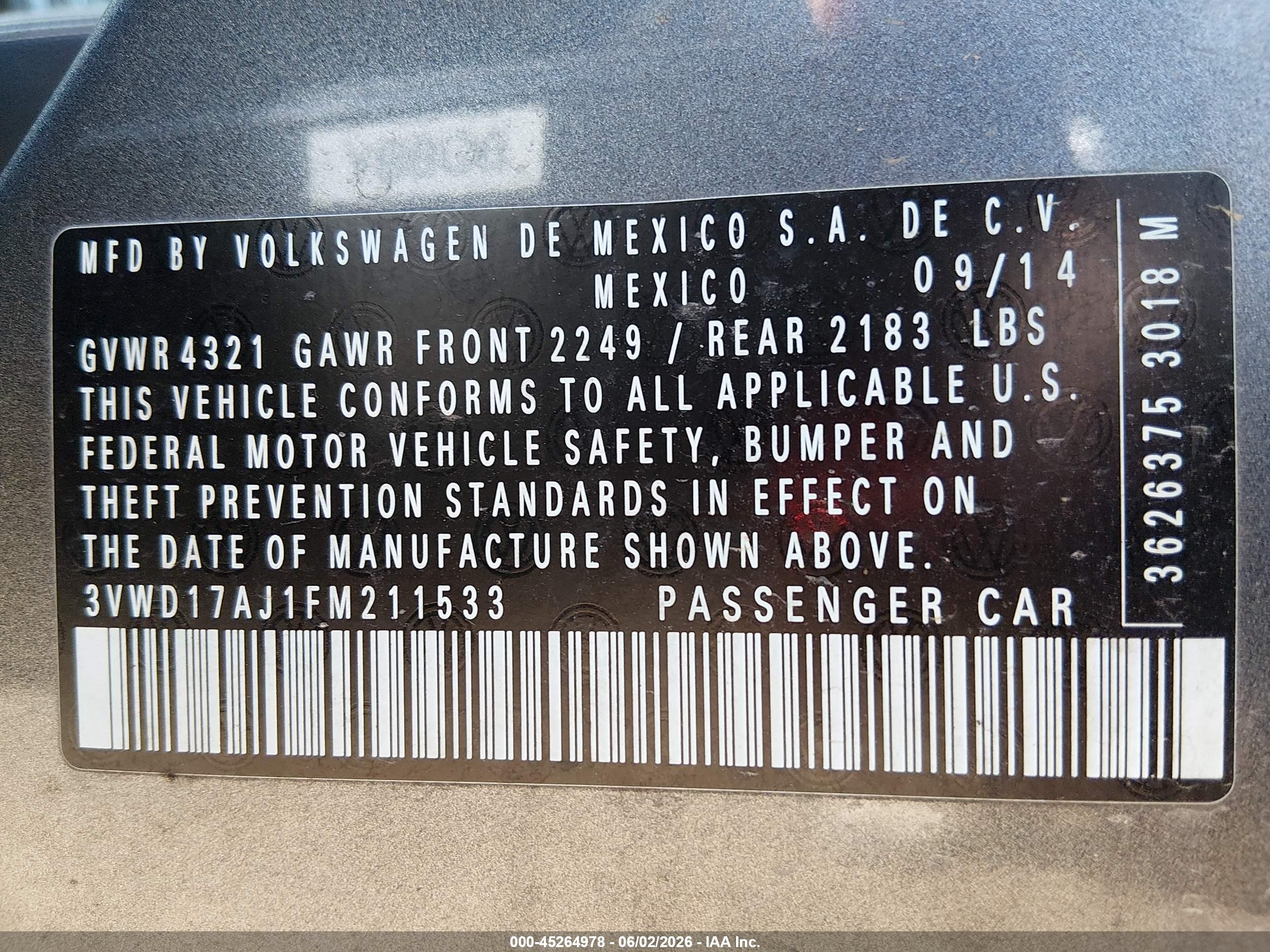 2015 Volkswagen Jetta 1.8t Sport Gray vin: 3VWD17AJ1FM211533