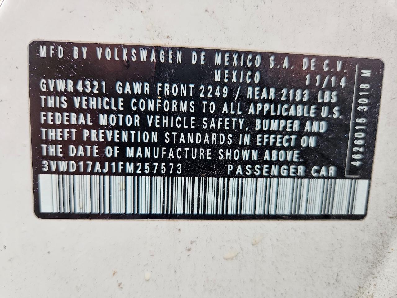 2015 Volkswagen Jetta Se White vin: 3VWD17AJ1FM257573