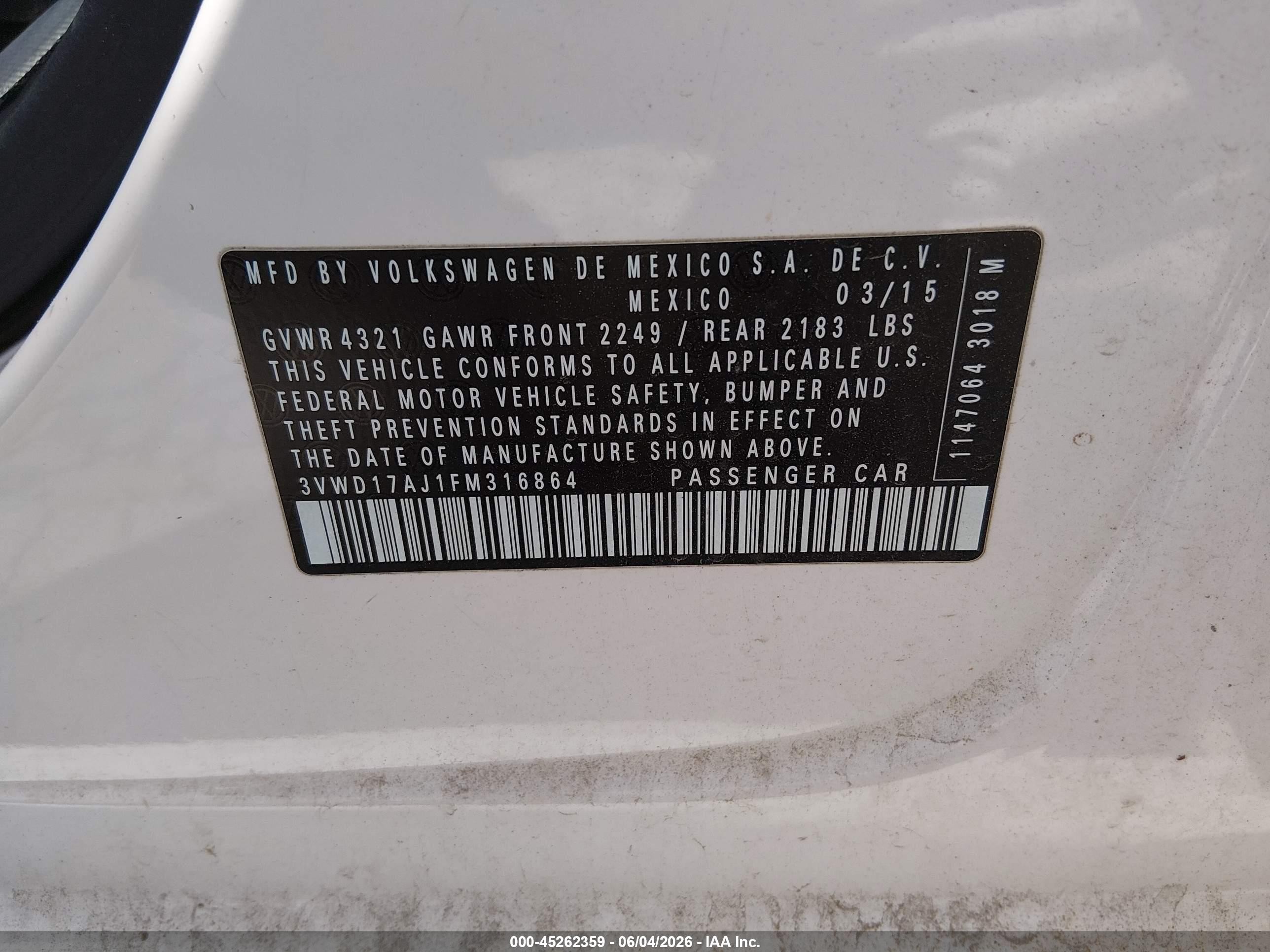 2015 Volkswagen Jetta 1.8t Se White vin: 3VWD17AJ1FM316864