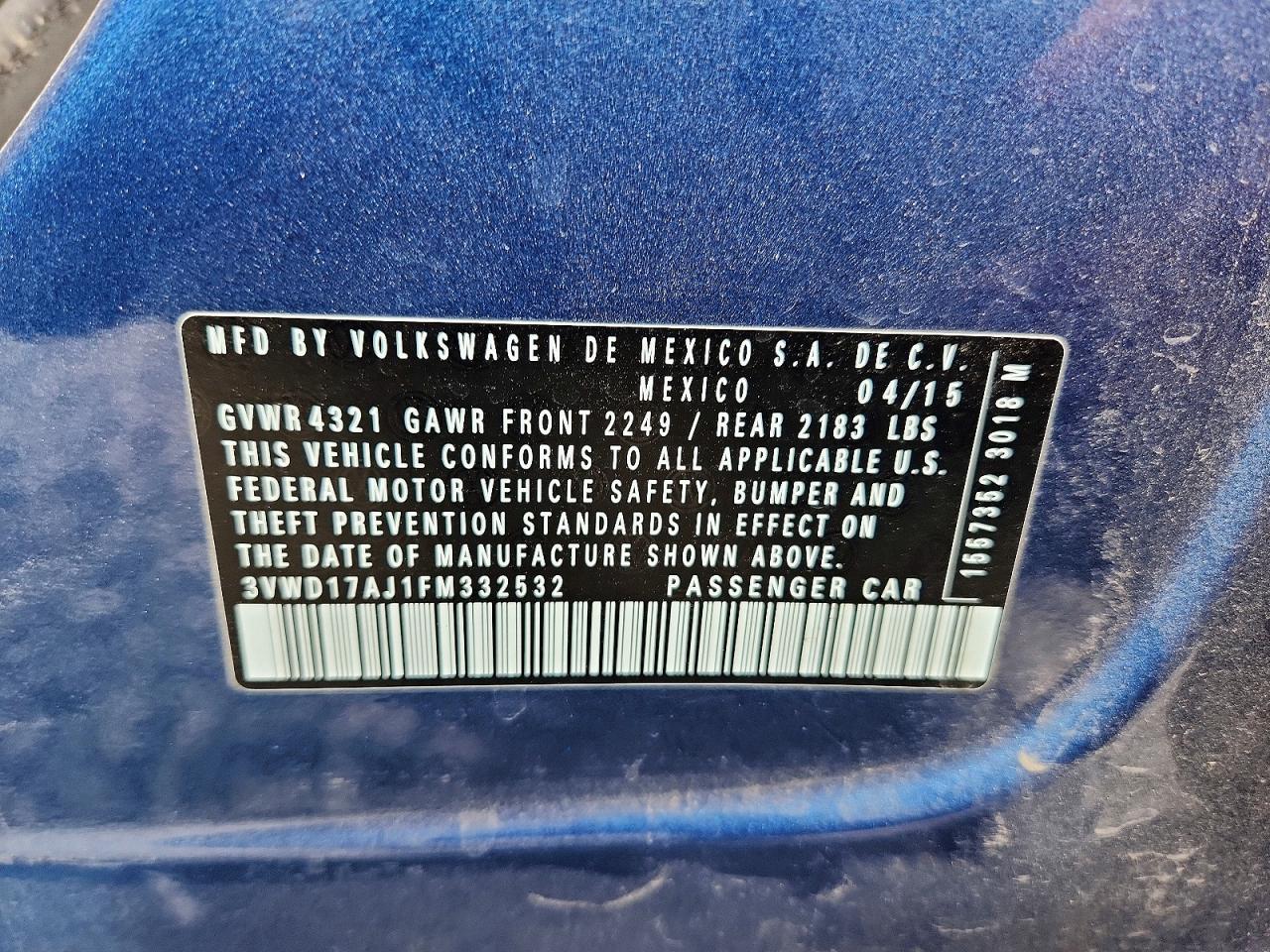 2015 Volkswagen Jetta Se Blue vin: 3VWD17AJ1FM332532