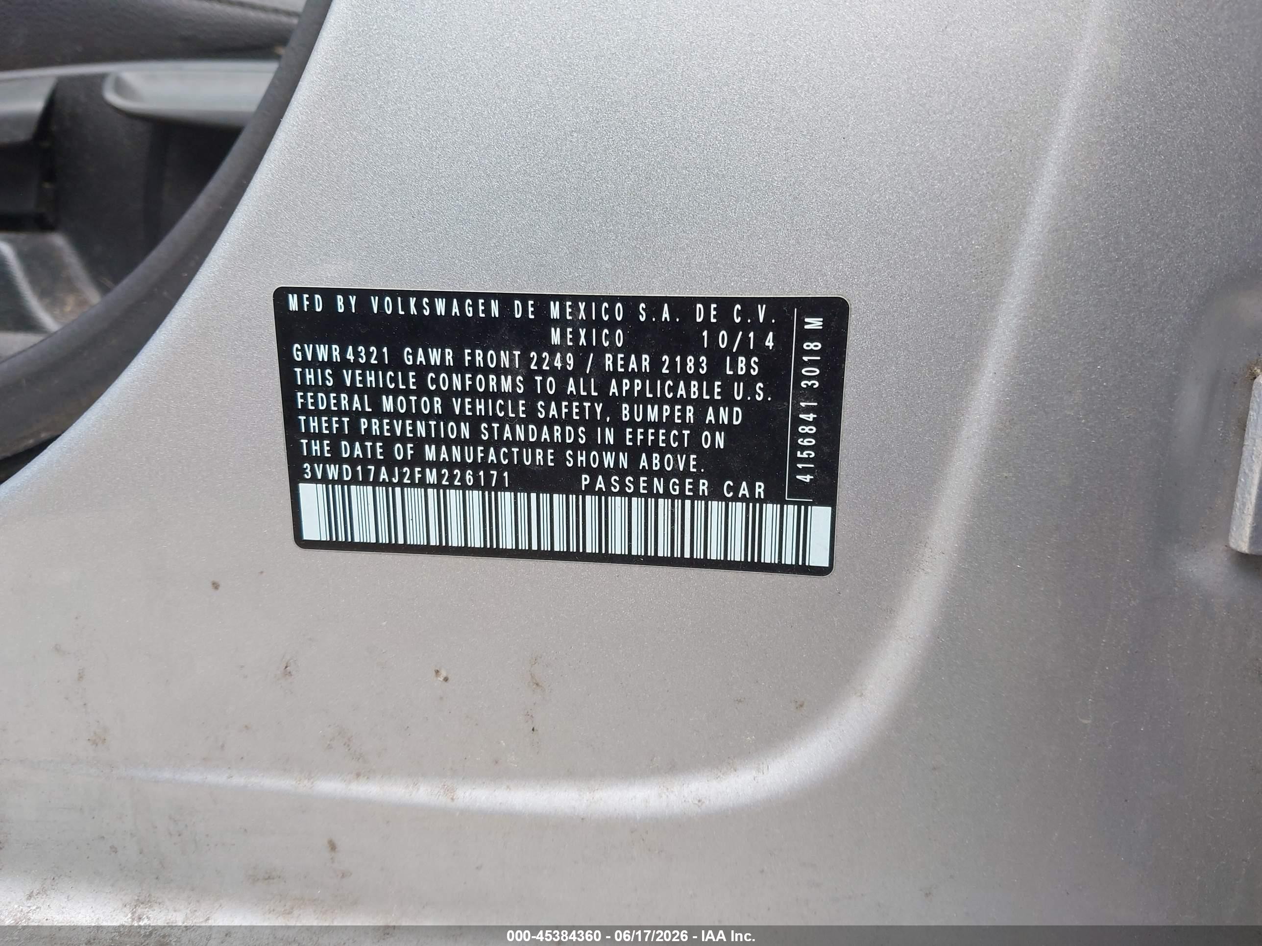 2015 Volkswagen Jetta 1.8t Se Silver vin: 3VWD17AJ2FM226171