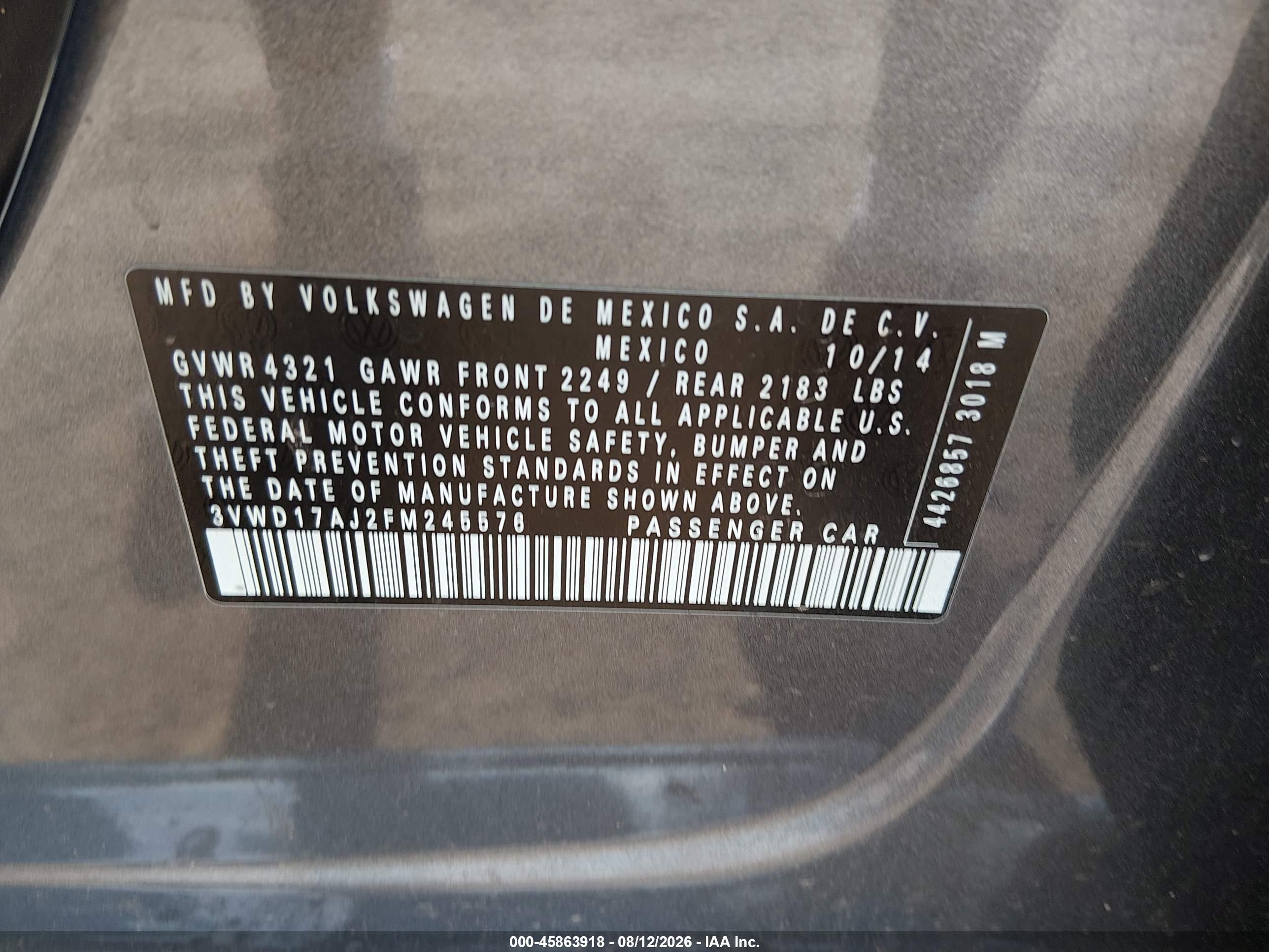 2015 Volkswagen Jetta 1.8t Se Gray vin: 3VWD17AJ2FM245576