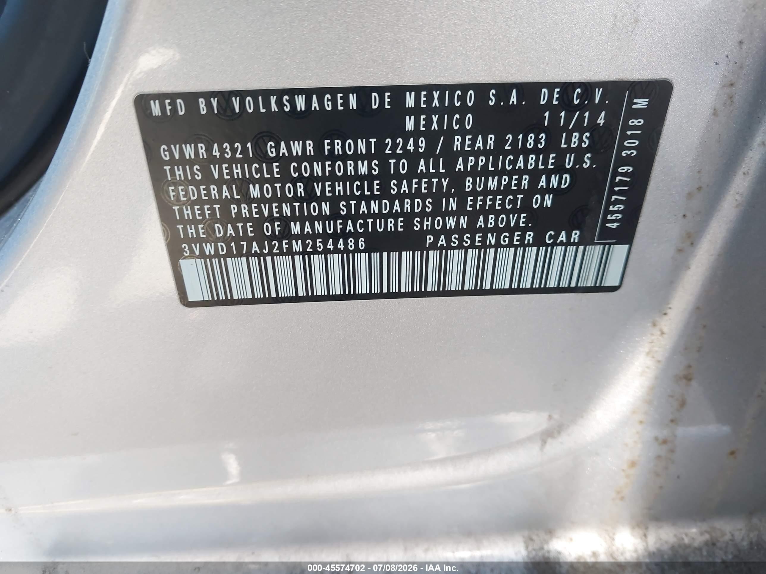 2015 Volkswagen Jetta 1.8t Se Silver vin: 3VWD17AJ2FM254486
