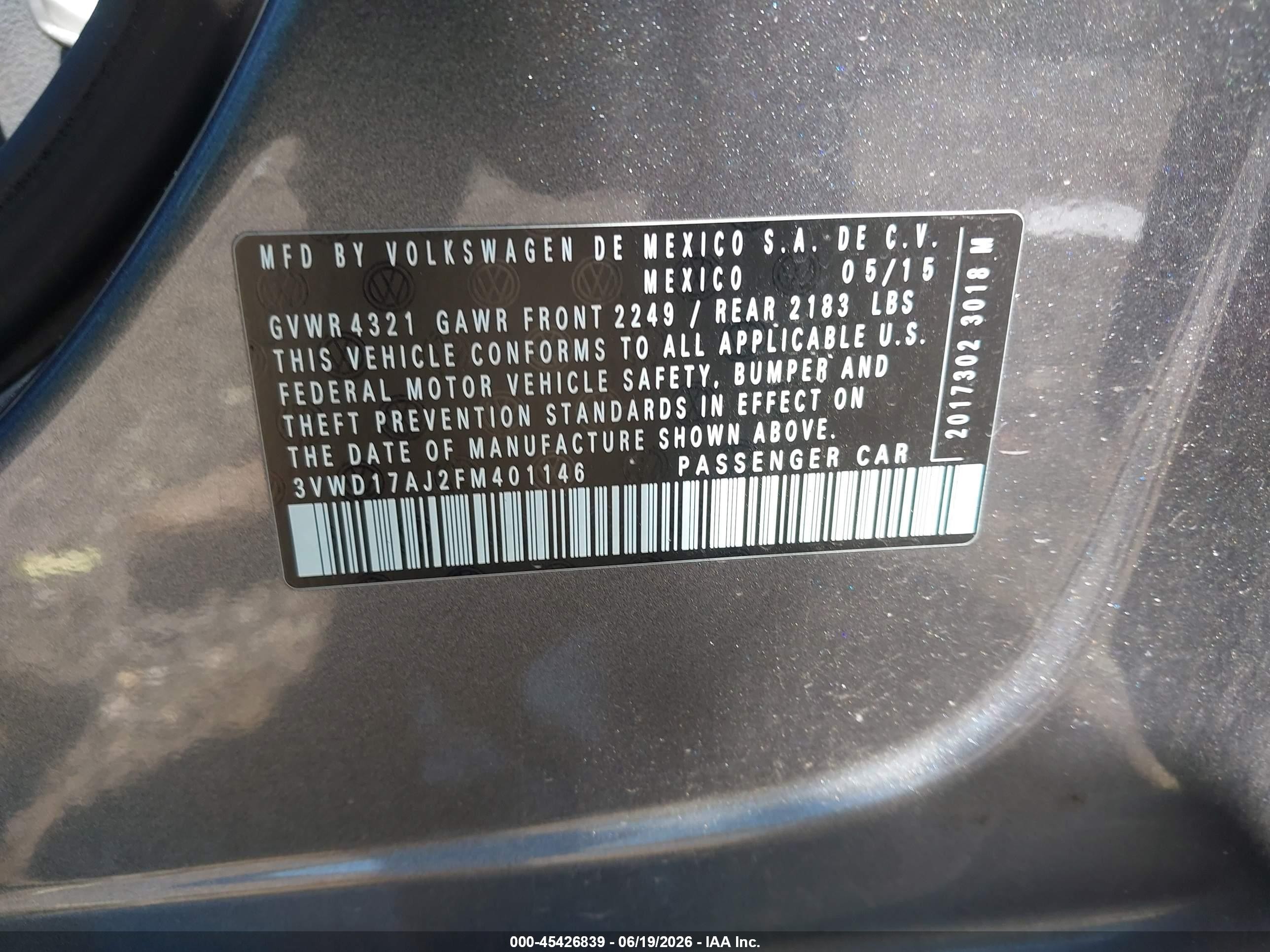 2015 Volkswagen Jetta 1.8t Sport Gray vin: 3VWD17AJ2FM401146