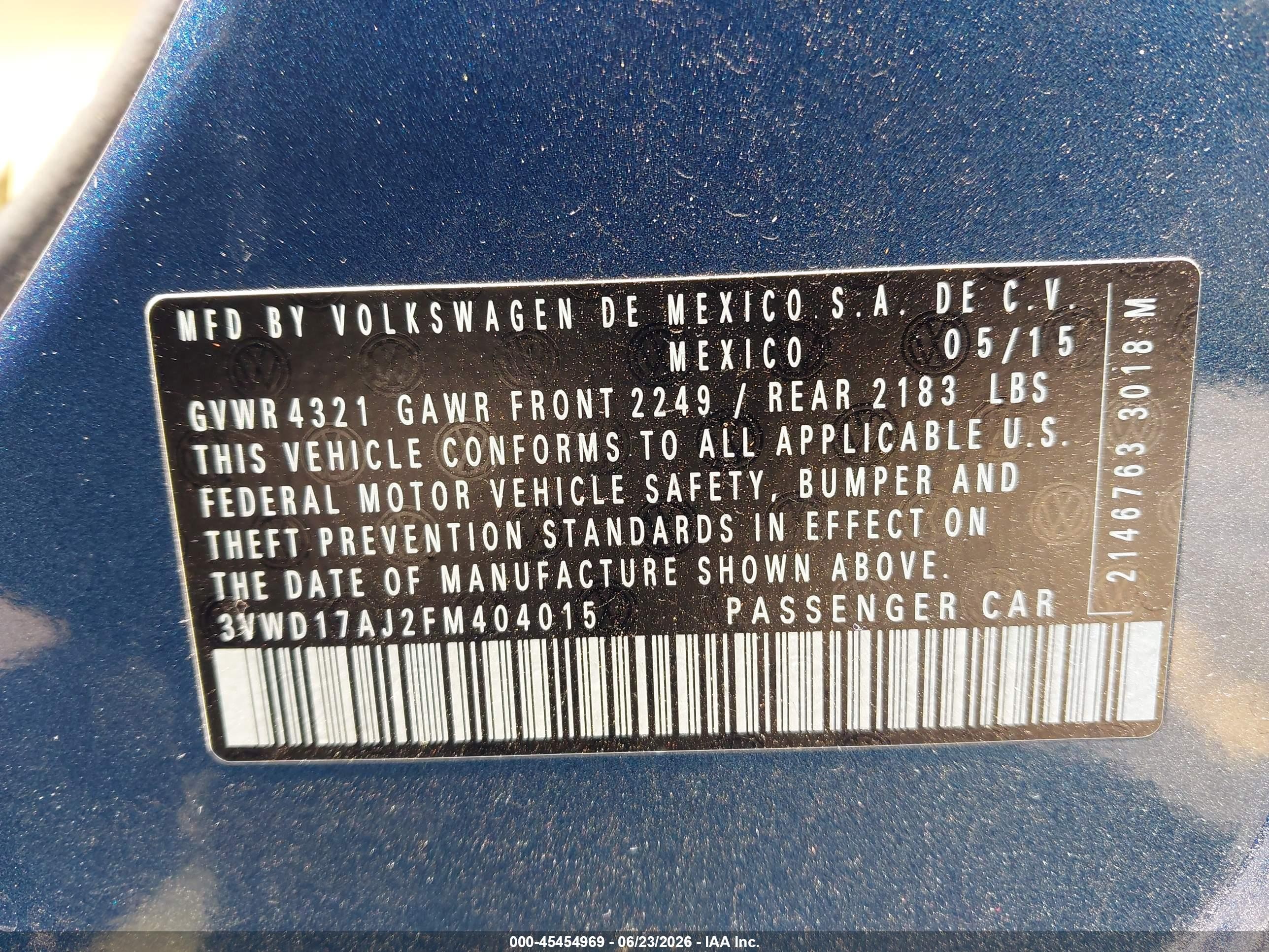 2015 Volkswagen Jetta 1.8t Se Blue vin: 3VWD17AJ2FM404015