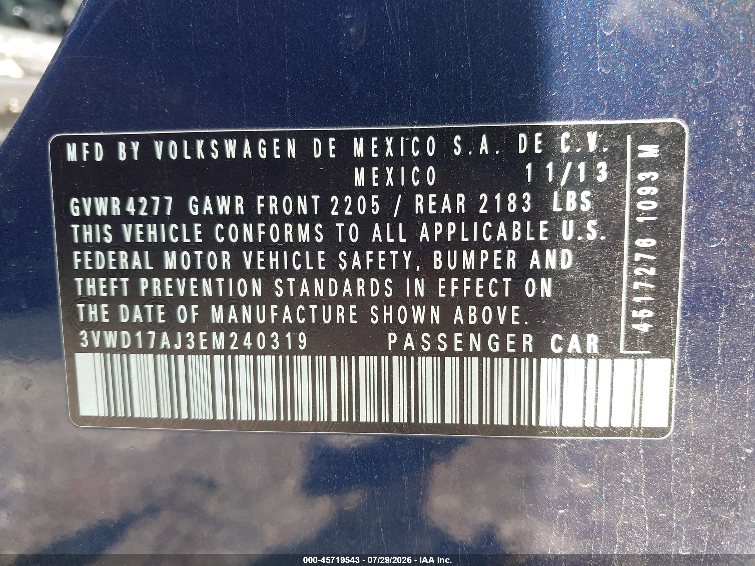 2014 Volkswagen Jetta 1.8t Se Blue vin: 3VWD17AJ3EM240319
