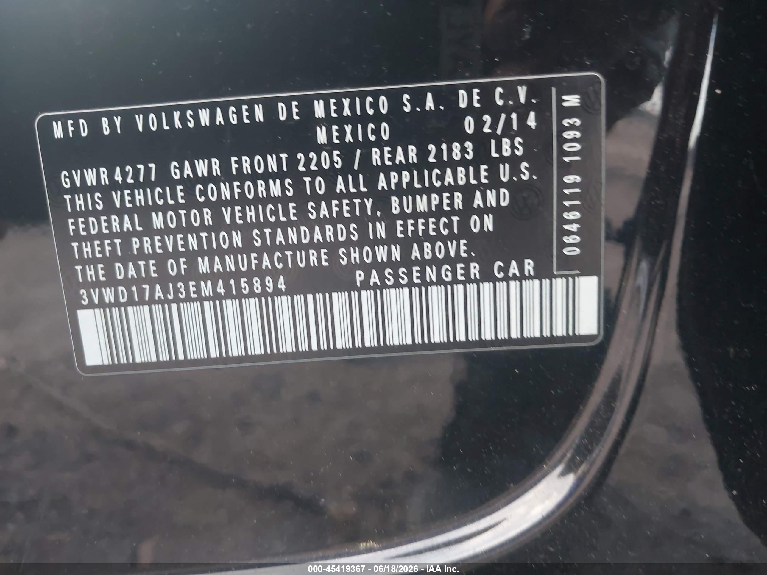 2014 Volkswagen Jetta 1.8t Se Black vin: 3VWD17AJ3EM415894