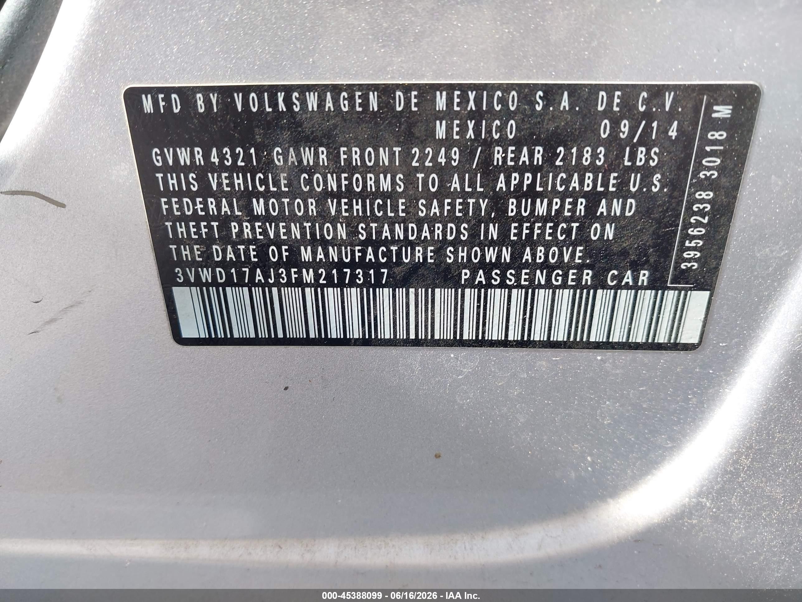 2015 Volkswagen Jetta 1.8t Se Silver vin: 3VWD17AJ3FM217317