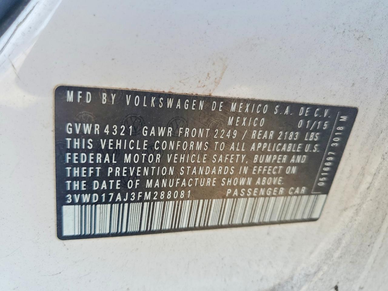 2015 Volkswagen Jetta Se White vin: 3VWD17AJ3FM288081