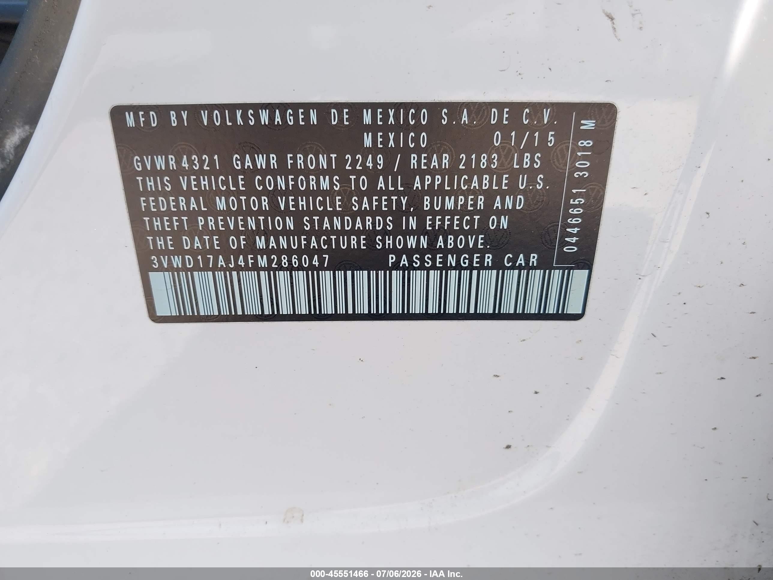 2015 Volkswagen Jetta 1.8t Se White vin: 3VWD17AJ4FM286047