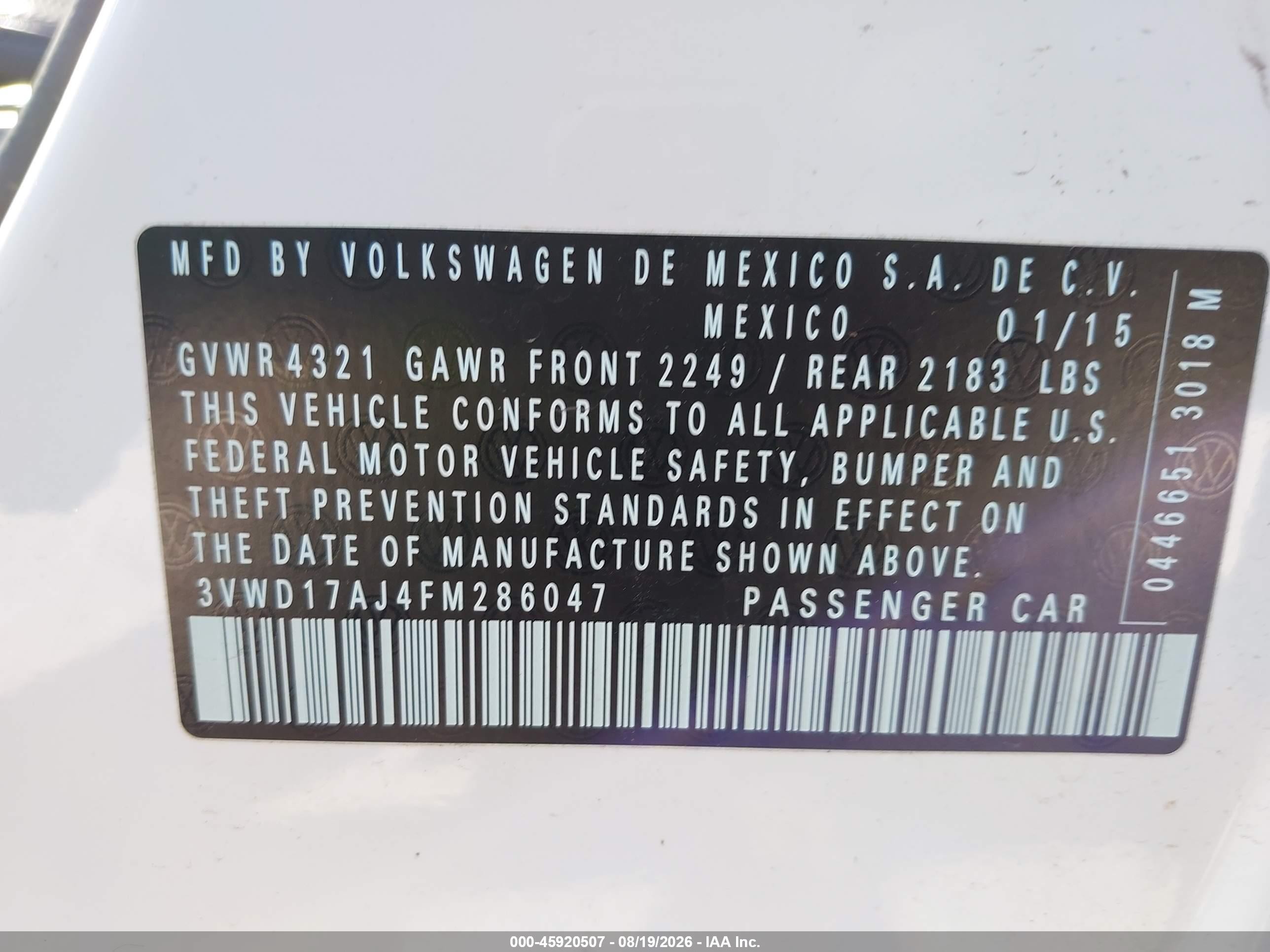 2015 Volkswagen Jetta 1.8t Se White vin: 3VWD17AJ4FM286047