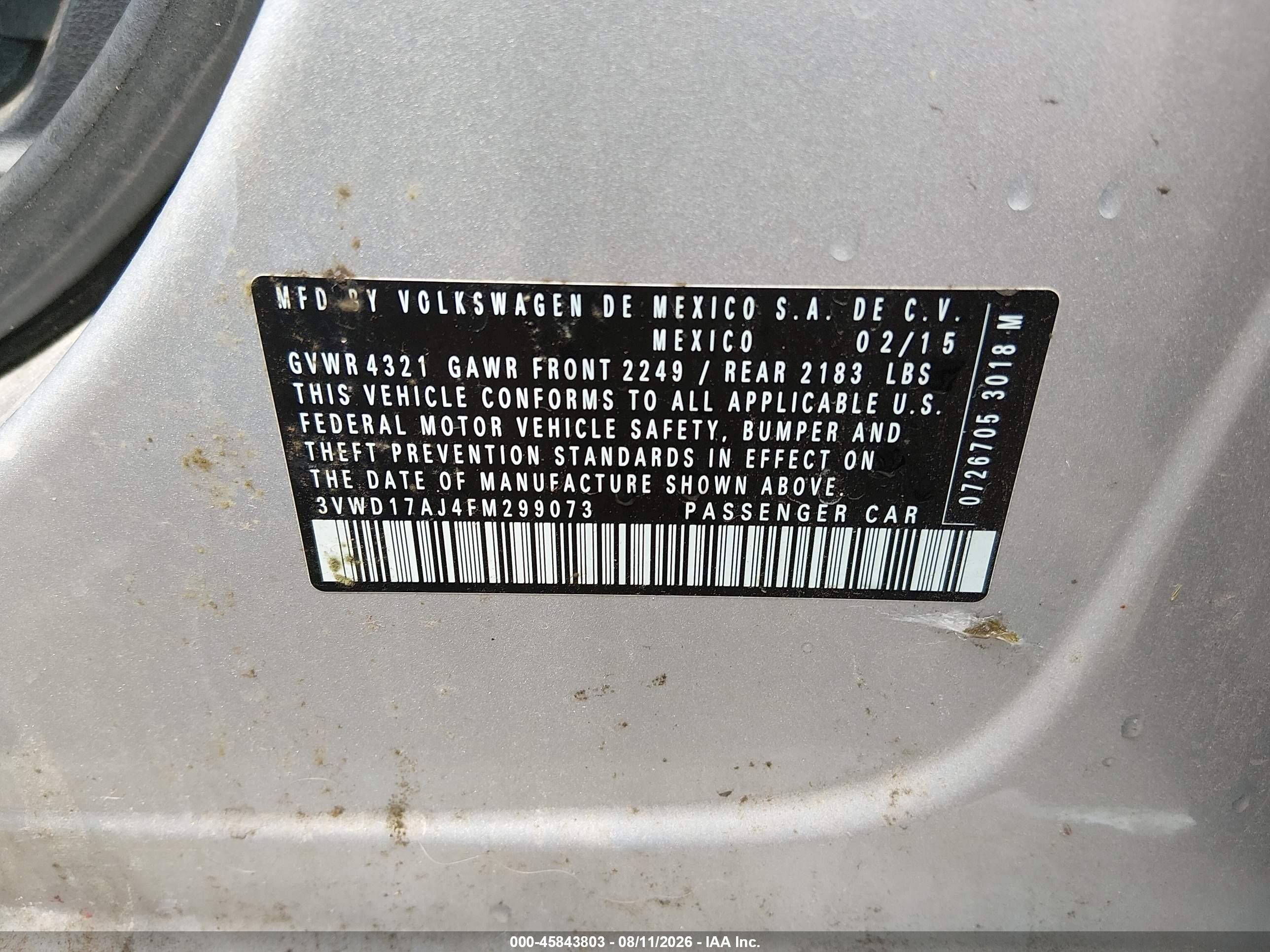 2015 Volkswagen Jetta 1.8t Se Silver vin: 3VWD17AJ4FM299073