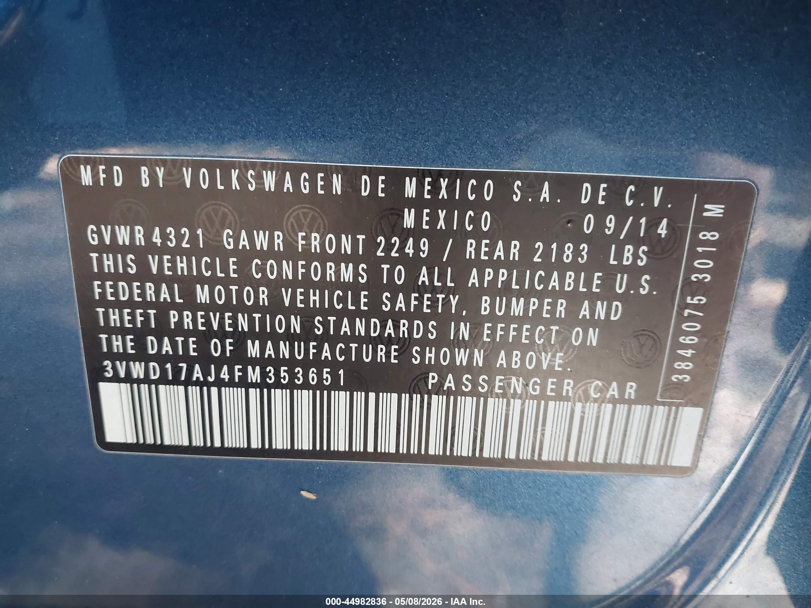 2015 Volkswagen Jetta 1.8t Se Blue vin: 3VWD17AJ4FM353651