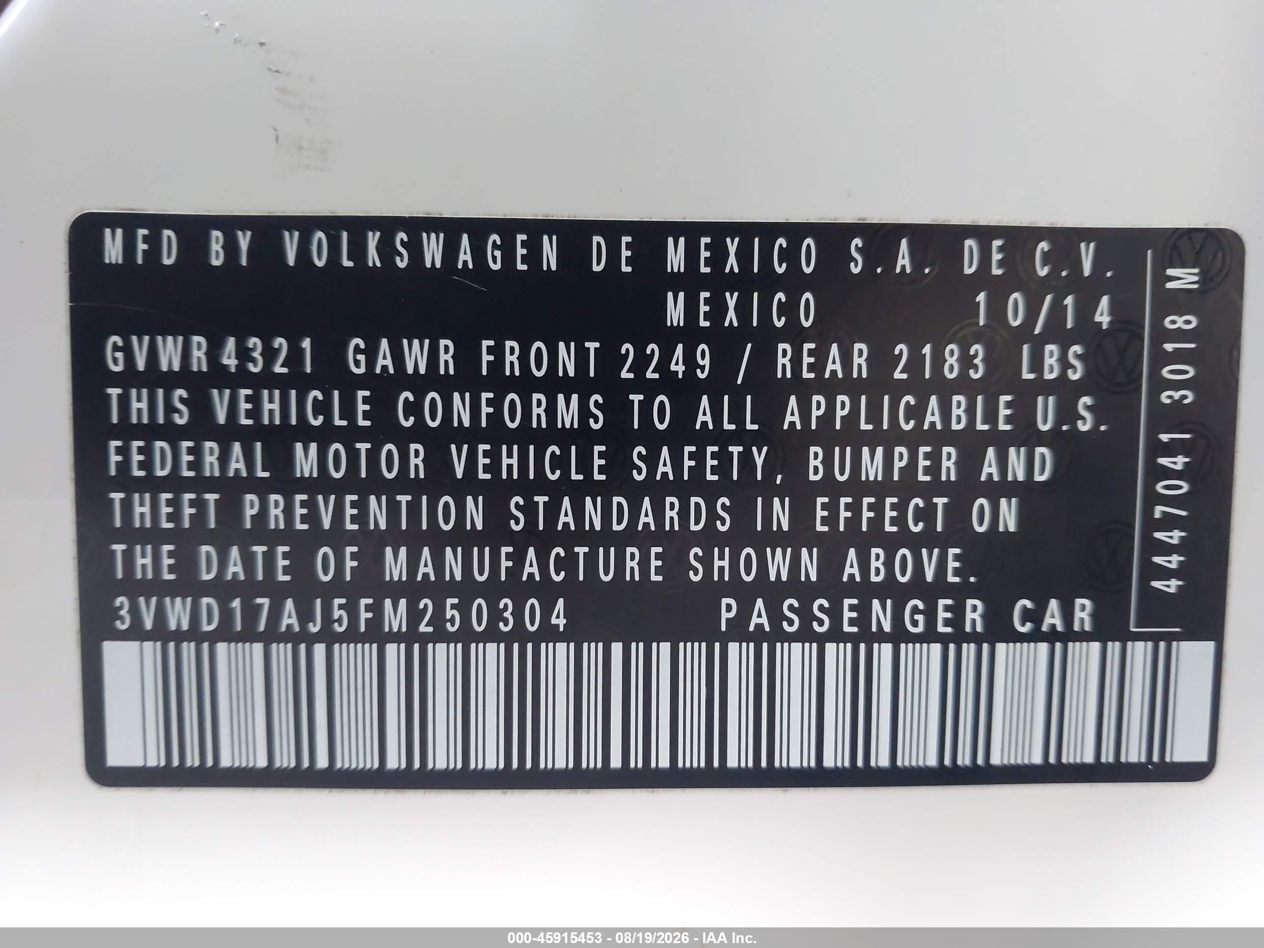 2015 Volkswagen Jetta 1.8t Se White vin: 3VWD17AJ5FM250304