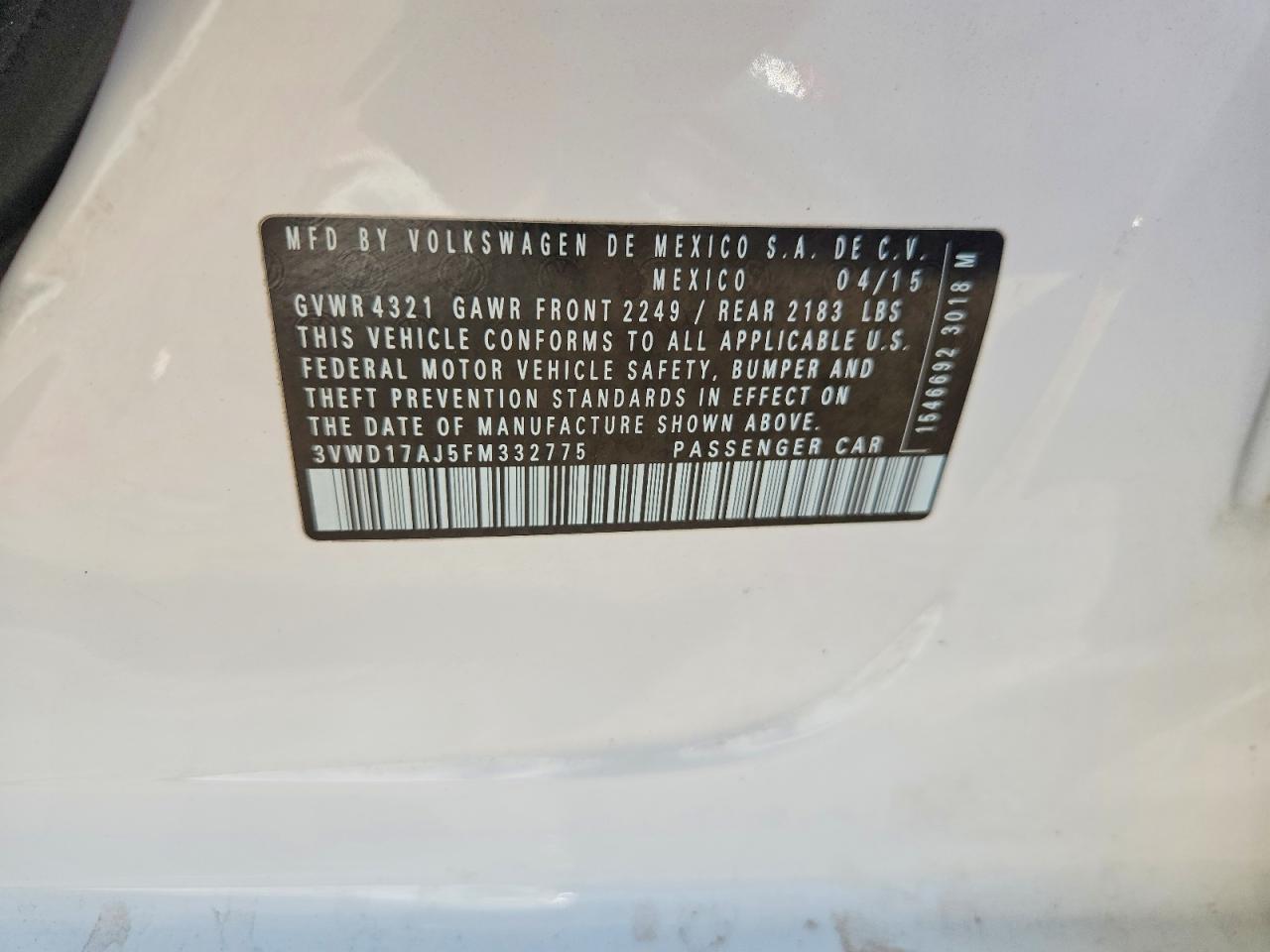 2015 Volkswagen Jetta Se White vin: 3VWD17AJ5FM332775