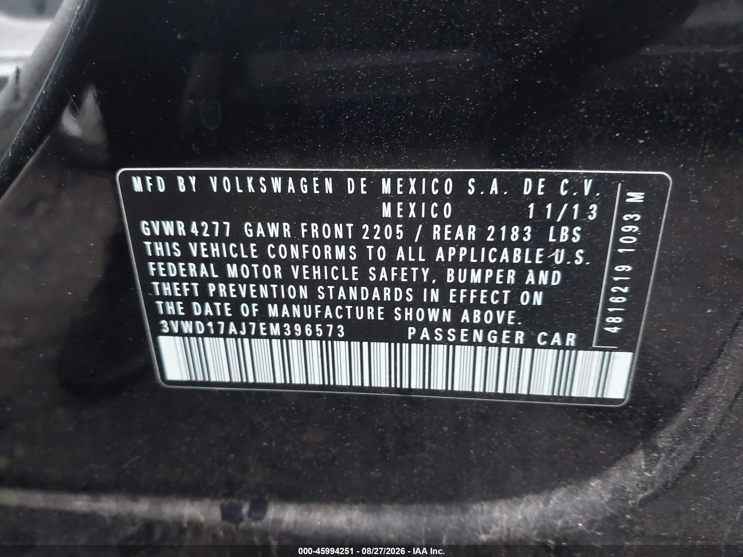 2014 Volkswagen Jetta 1.8t Se Black vin: 3VWD17AJ7EM396573