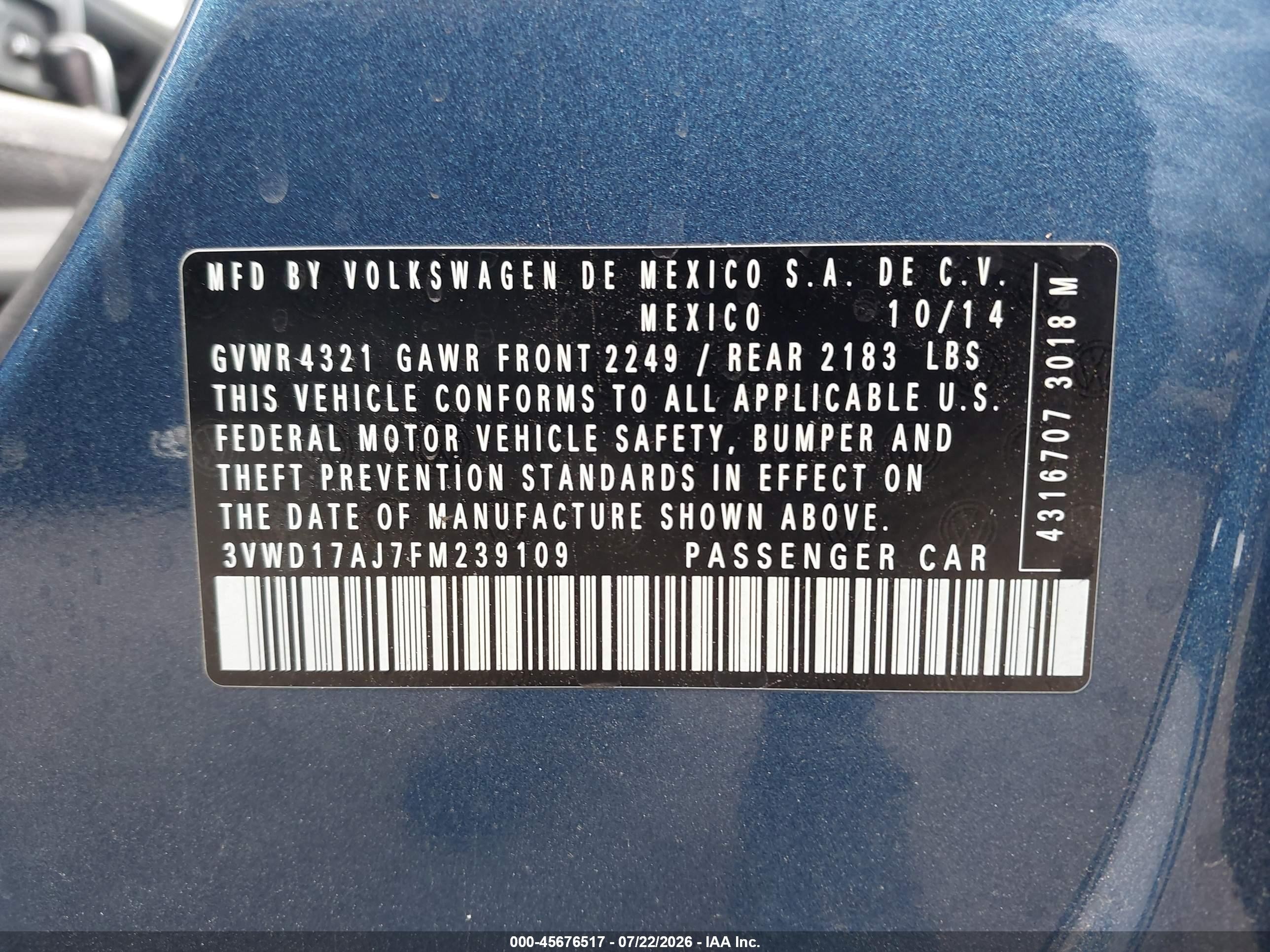 2015 Volkswagen Jetta 1.8t Se Синий vin: 3VWD17AJ7FM239109