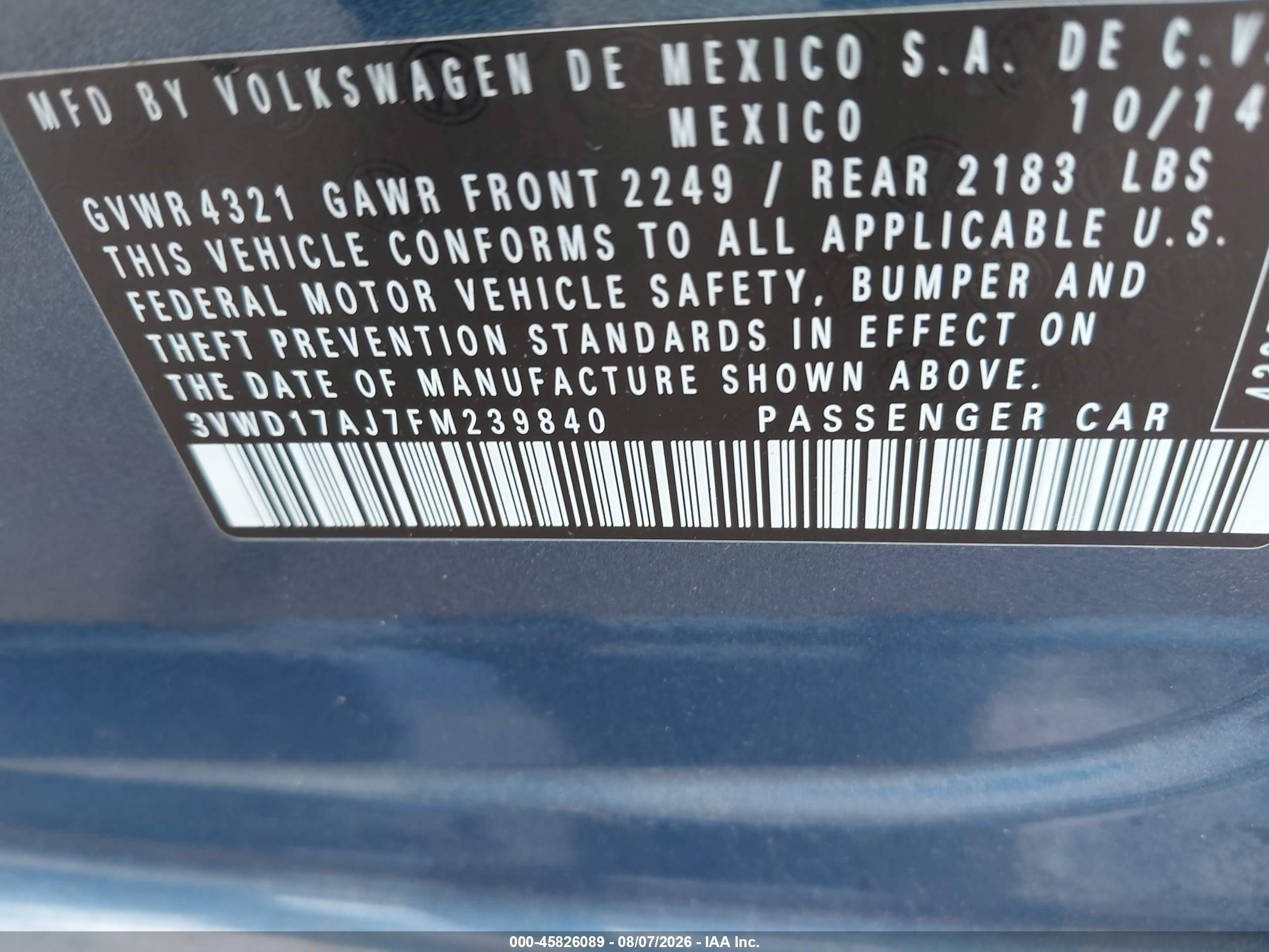 2015 Volkswagen Jetta 1.8t Se Blue vin: 3VWD17AJ7FM239840